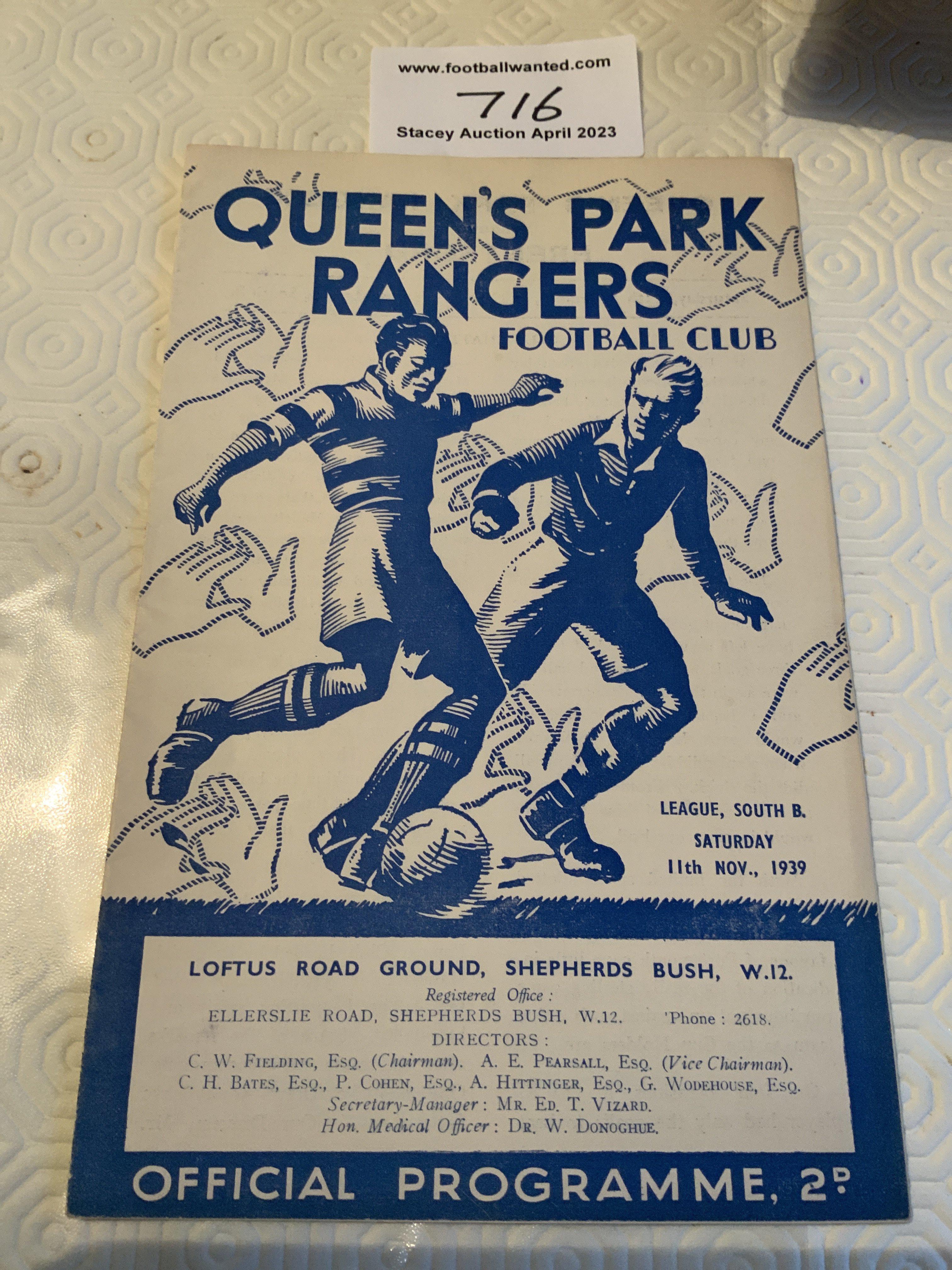 39/40 QPR v Brentford Football Programme: Excellent condition league match with team changes. Dated 11 11 1939. Staple removed not rotted away.