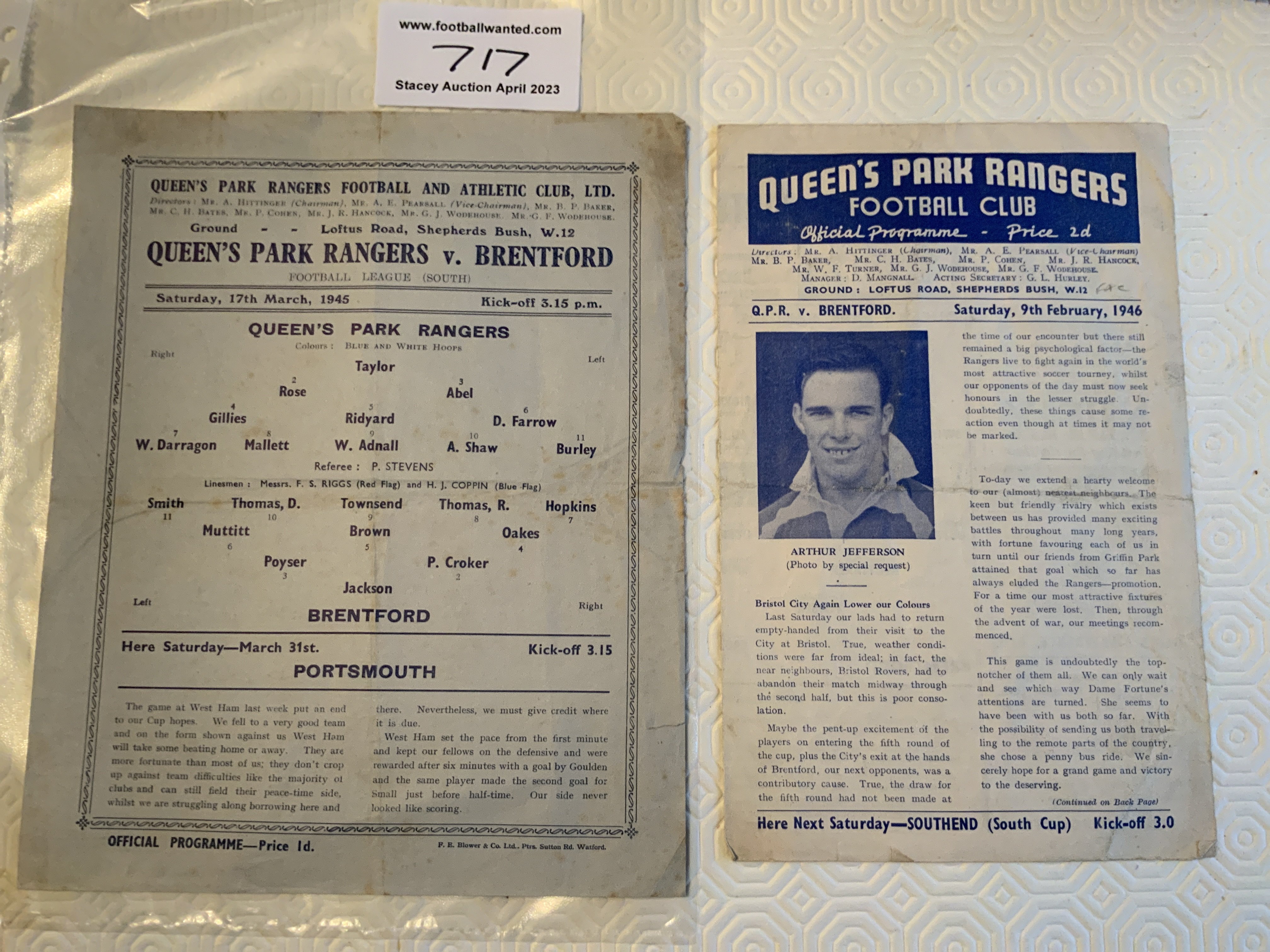 1940s QPR v Brentford Football Programmes: Single sheet league match for 44/45 and 45/46 fa cup both good without team changes. Folds. (2)