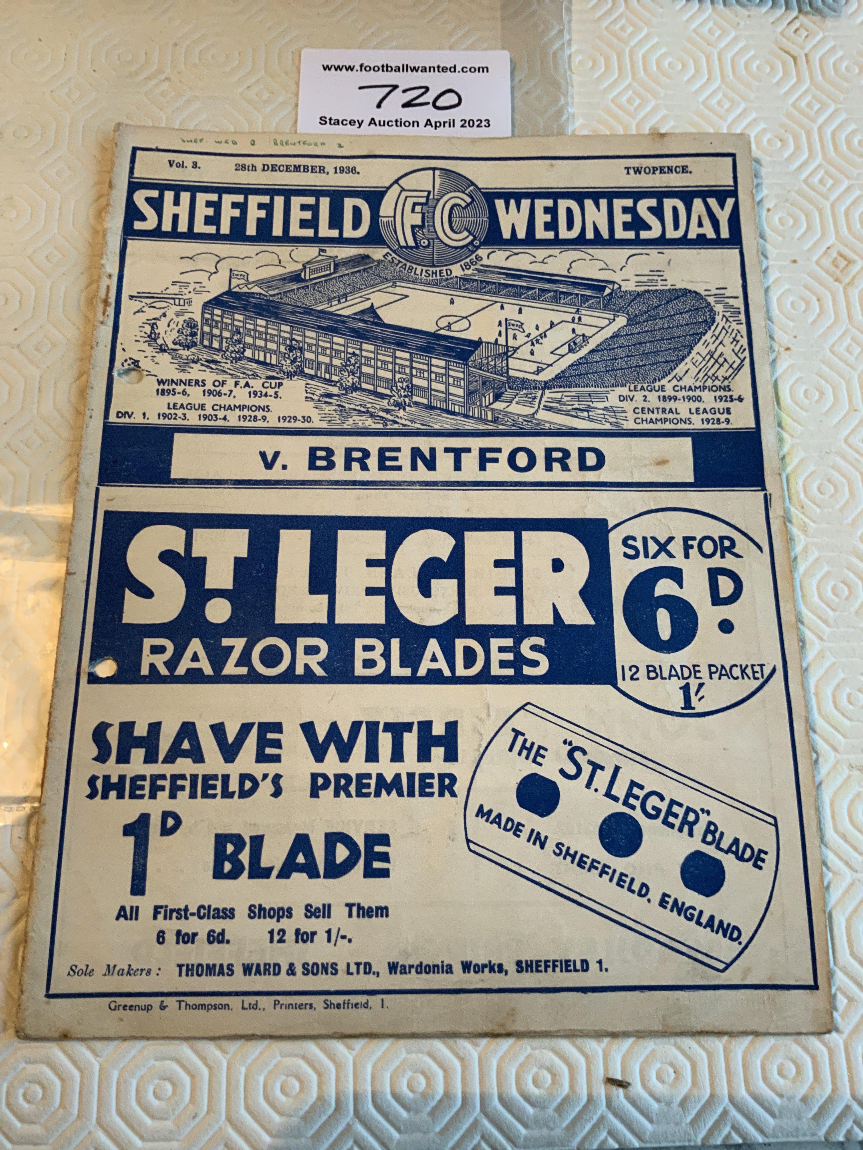 36/37 Sheffield Wednesday v Brentford Football Programme: Fair condition league match with punch holes. Staple removed not rotted away. Result written discreetly to cover.
