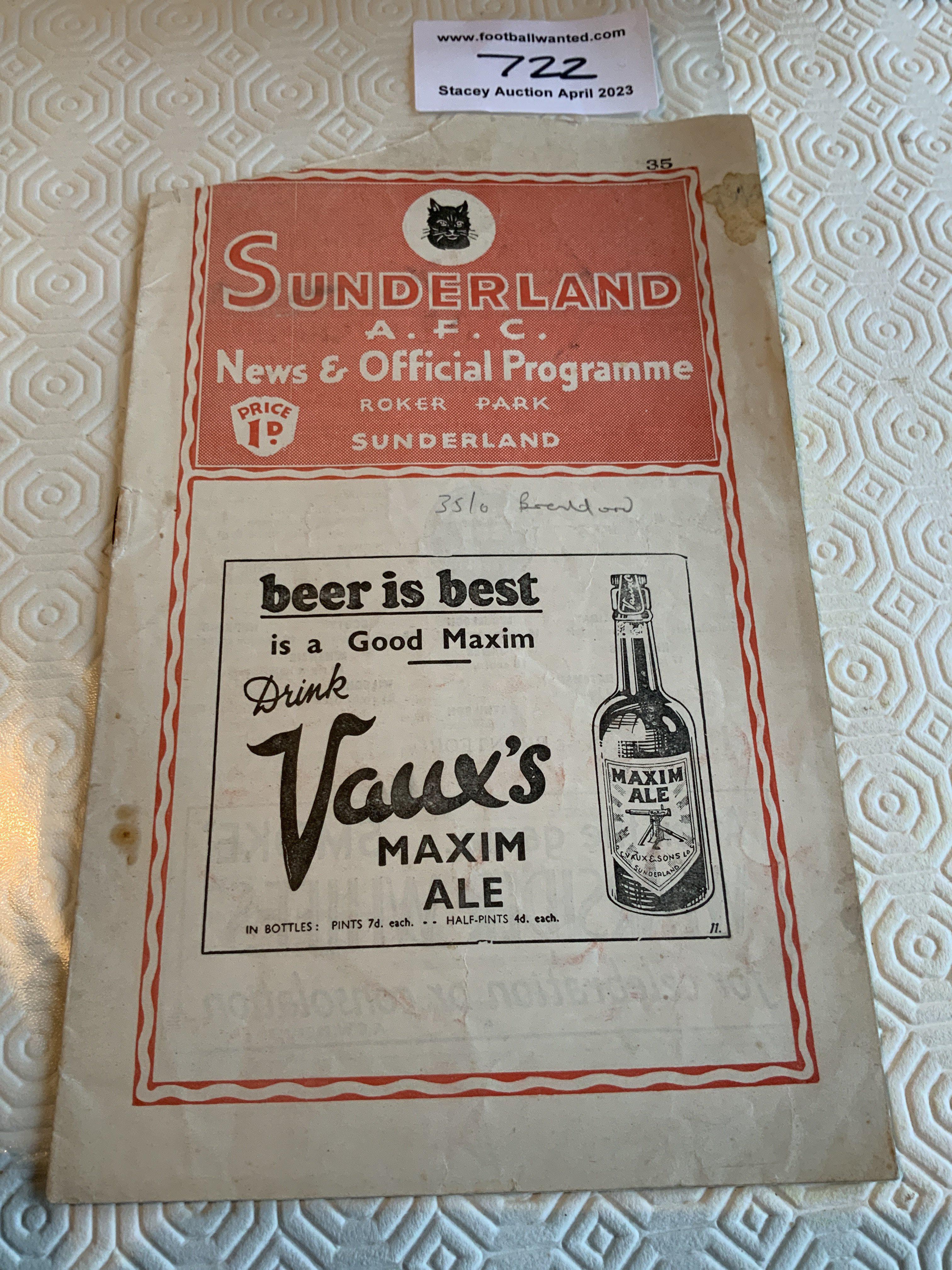 35/36 Sunderland v Brentford Football Programme: League match with no team changes from Sunderlands championship season. Please note there is substantial paper loss to border which although does not really affect any text a viewing or look at online pictures is crucial.