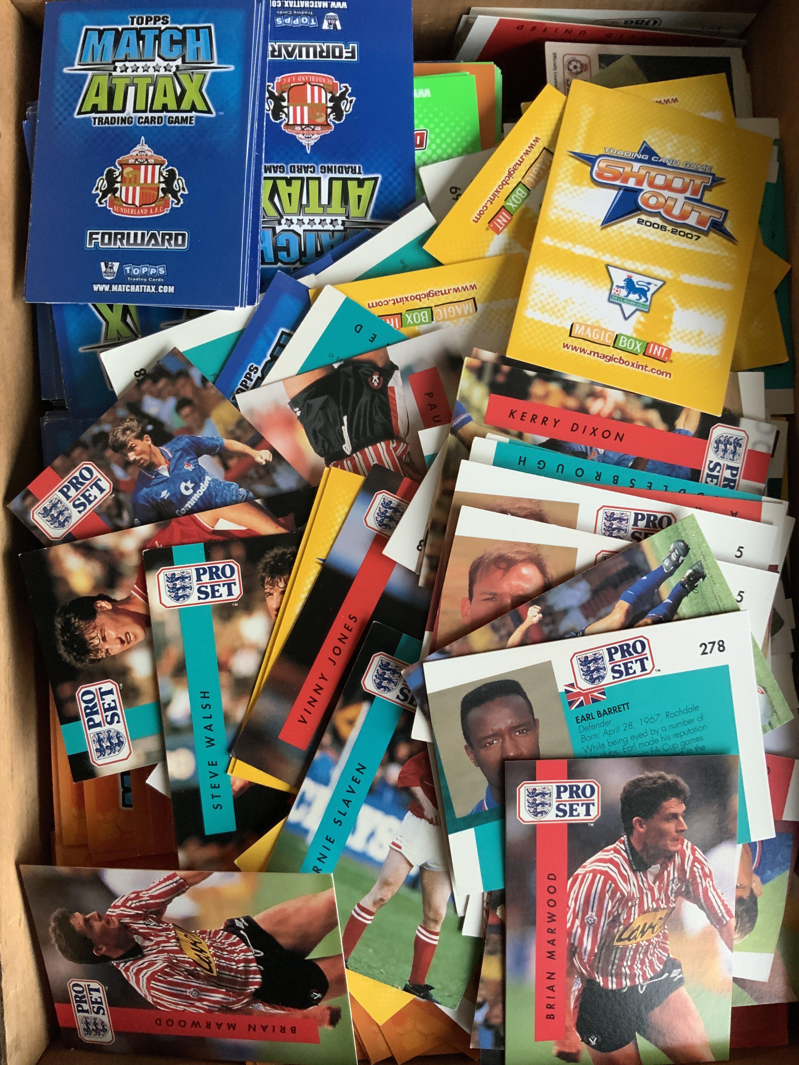Football Trade Card Box: An old wooden box containing Match Attax, Pro Set and Magic Box Shoot Out cards in excellent condition. Instructions to sell. (3500+)