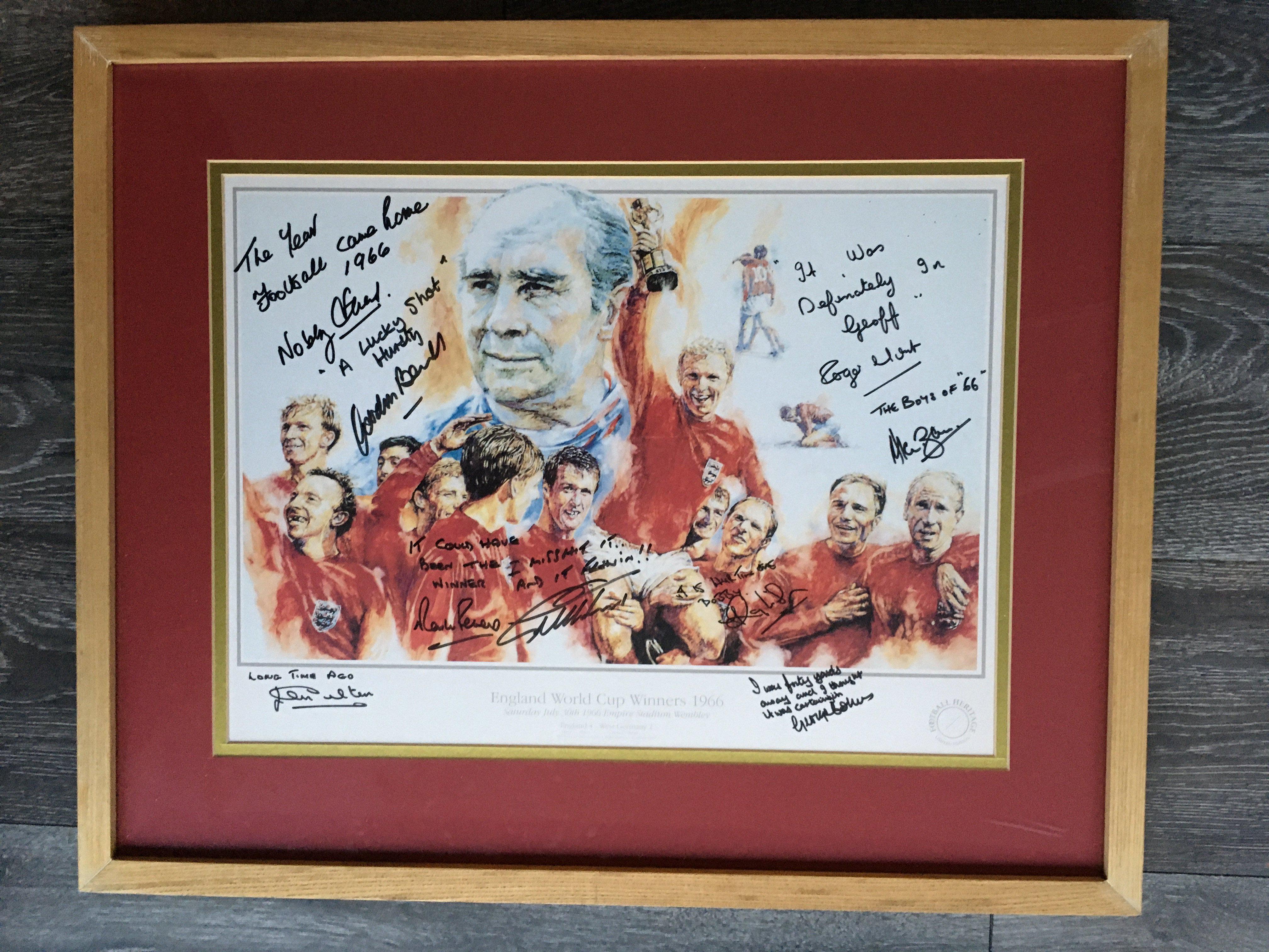 England 1966 World Cup Winners Signed Display: Attractive print professionally framed and signed by 9 of the winning team lacking both Bobbys. What sets this apart from others is that every autograph is undedicated and has a message. Roger Hunt has written it was definitely in Geoff, Stiles added The year football came home 1966, Hurst added a lucky shot Geoff and Cohen says I was forty yards away and I thought it was certainly in. Interesting item measuring 25 x 20 inches.