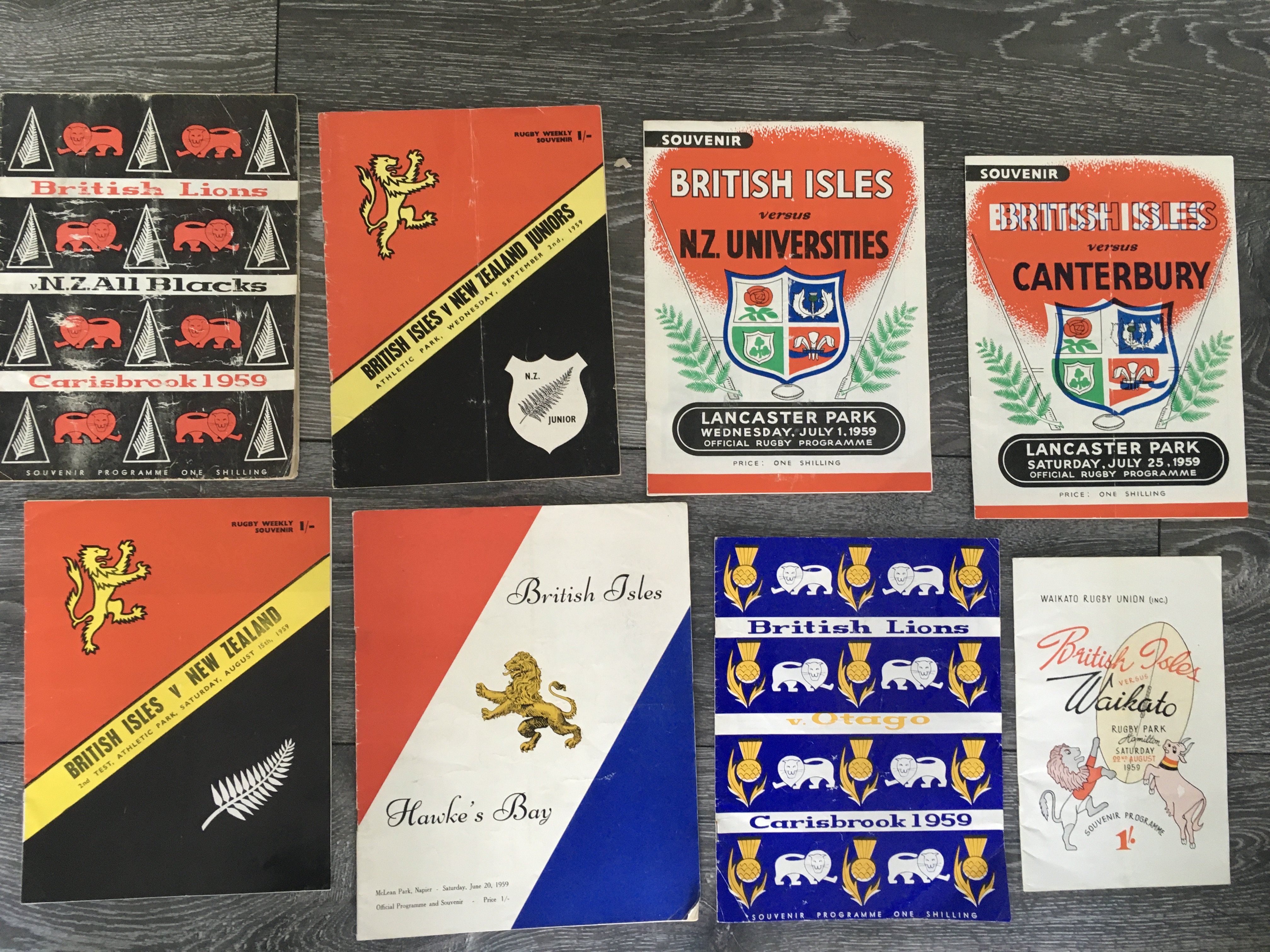 1959 British Isles Rugby Programmes: All from 1959 with some played in New Zealand. Includes British Lions v Otago. Fair. (8)
