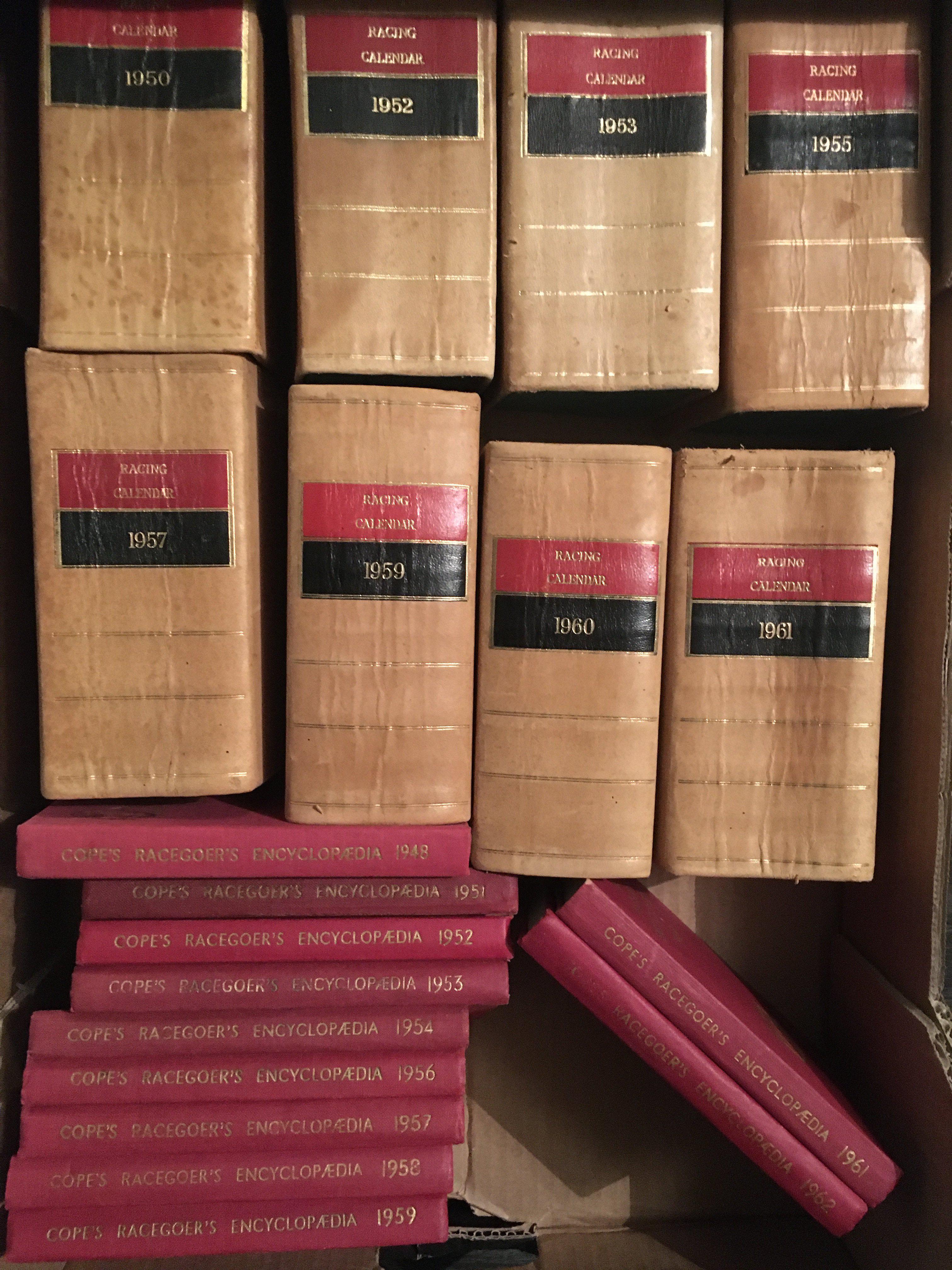 Horse Racing Old Annuals + Books: Very thick hardback of Racing Calendar from 1950 to 1961 x 8. C/W Copes Racegoers Encyclopaedias from 1948 to 1962 x 11. Good with instructions to sell. (19)