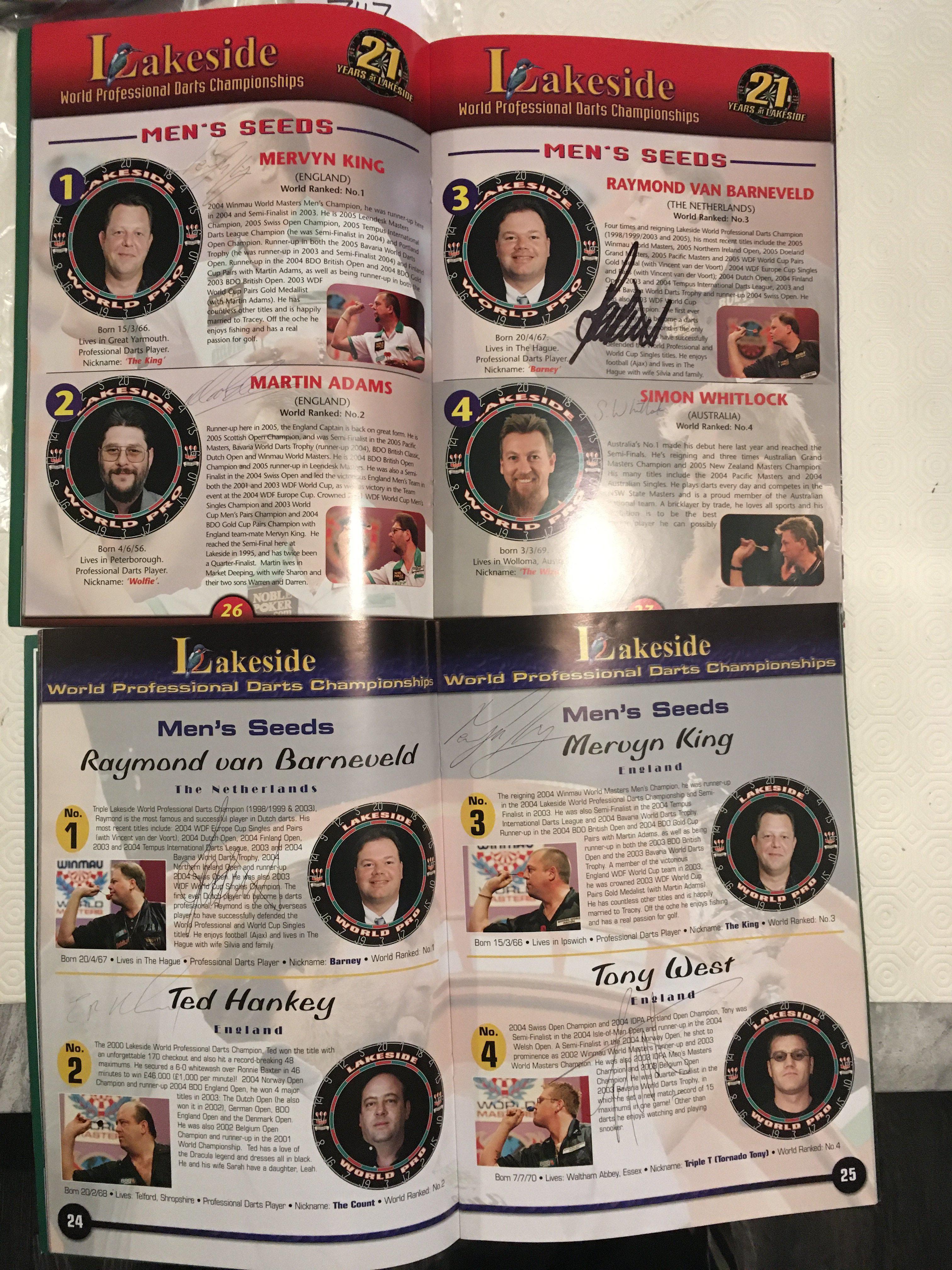 Darts Signed Programmes: World Championship darts from Lakeside in 2005 and 2006. Hand signed by all male and female players. Includes Van Barneveld Fordham Adams Whitlock and King. Over 80 signatures in the two programmes.