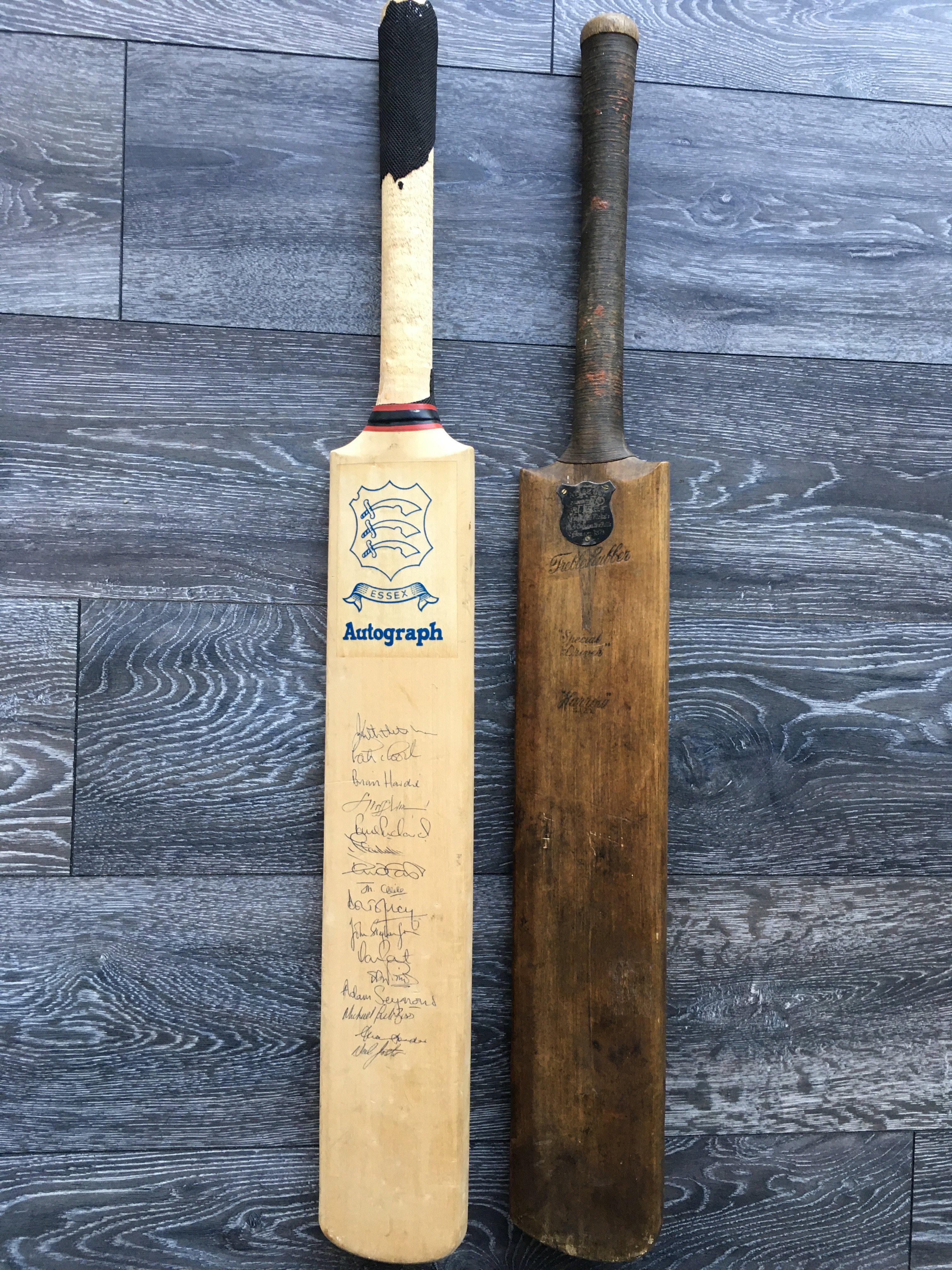 1980s Signed Essex Cricket Bat + 19th Century Bat: Full size Essex bat with 16 clear autographs including Graham Gooch Paul Pritchard Keith Fletcher and Brian Hardie. C/W an original bat from 1879 with plaque stating W Ash for bowling 4 wickets with 4 consecutive balls. Bats are good but obviously rubber around handles has perished. (2)