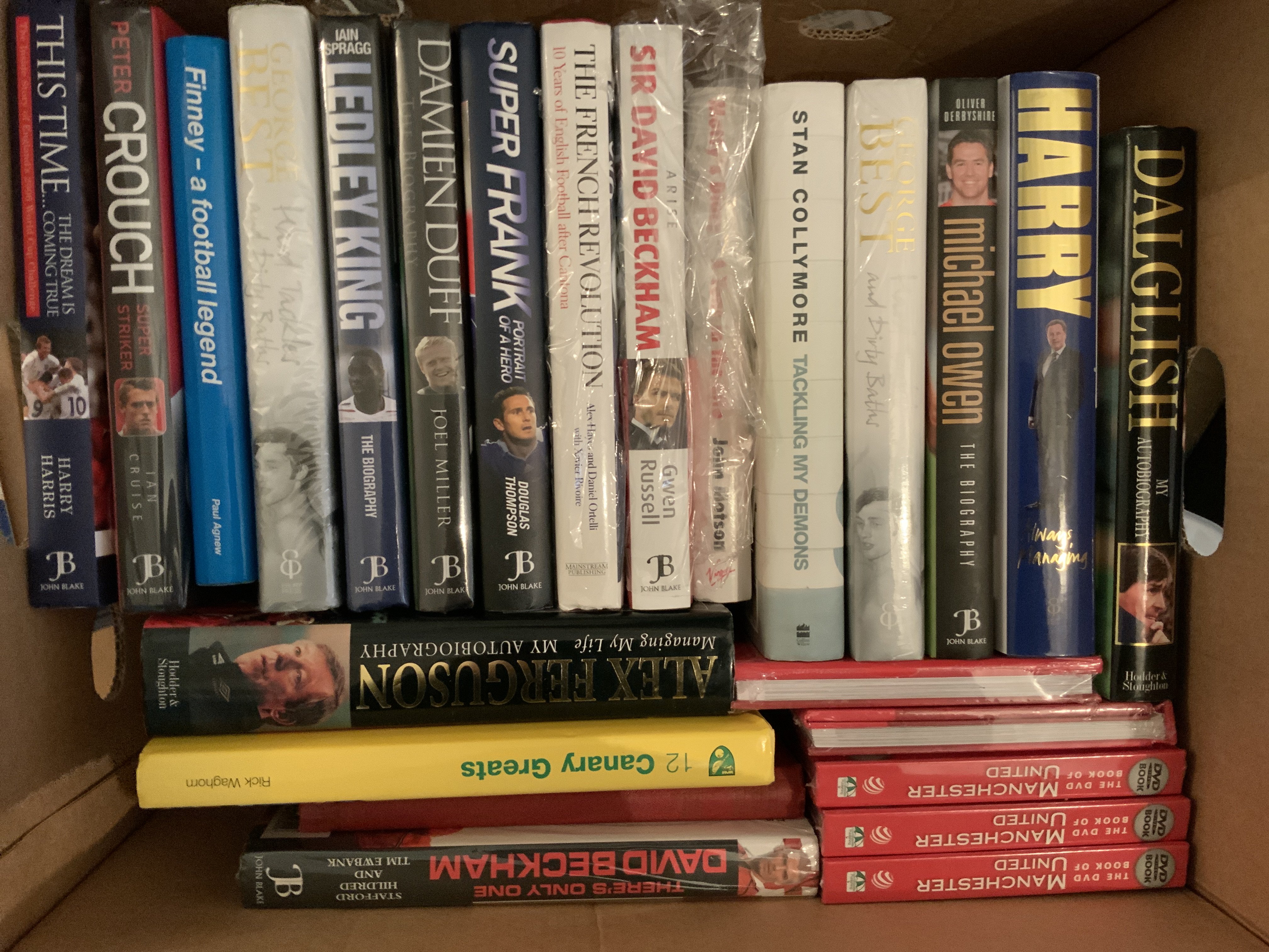 Football Book Collection: Many autobiographies to include Beckham, Dalglish, Crouch, Collymore, Finney, Owen, Ferguson, Lampard and others. 24 hardback books in excellent condition. C/W 1955 Corinthians and Cricketers, 1953 England v Rest of the World programme plus a card inviting a player to trial for Chorley. Instructions to sell.