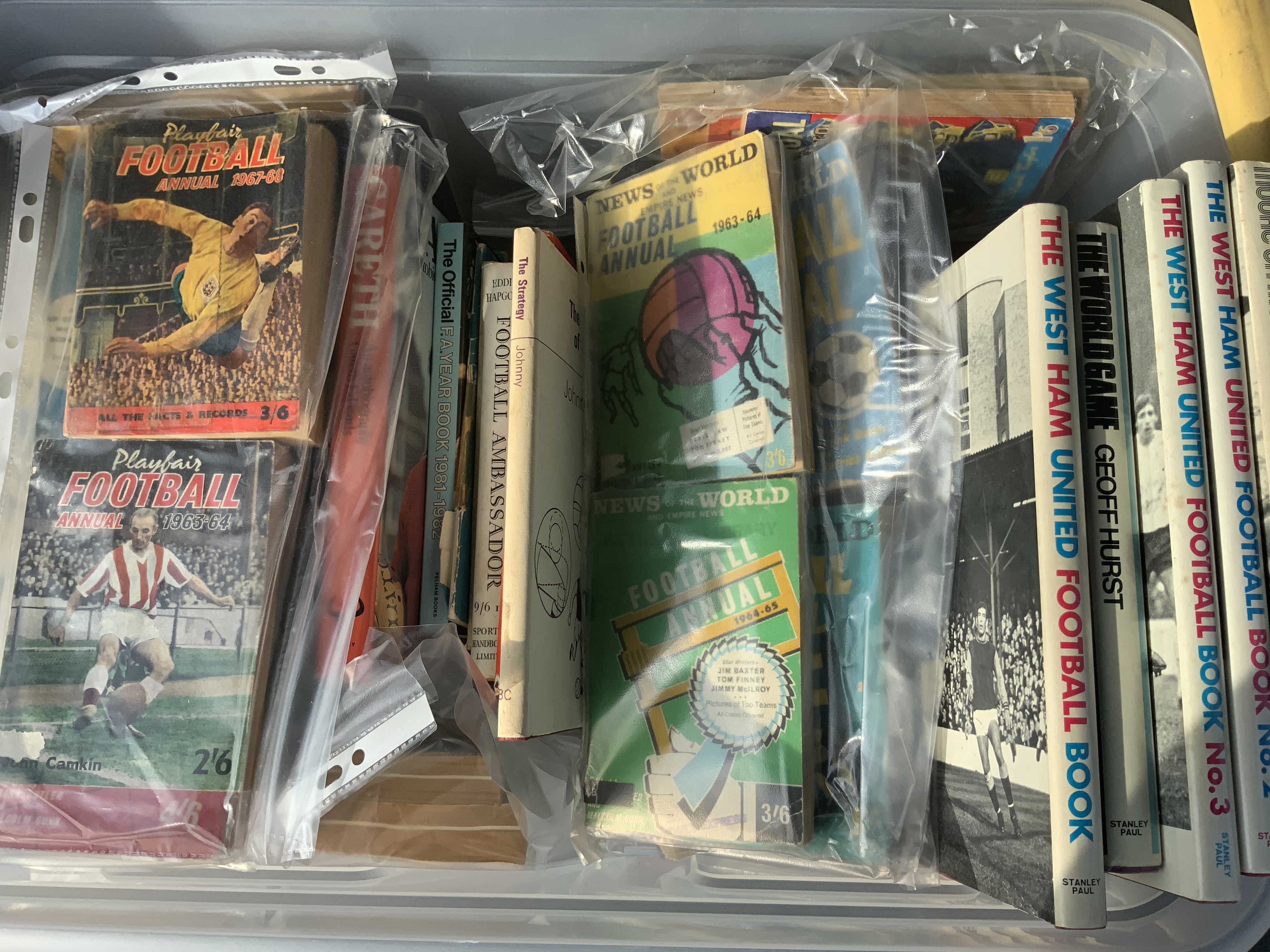 Football Book Collection: Includes pocket size and normal size annuals, Tottenham + West Ham Football Book series from the late 60s and early 70s and more. Instructions to sell. (2 boxes)