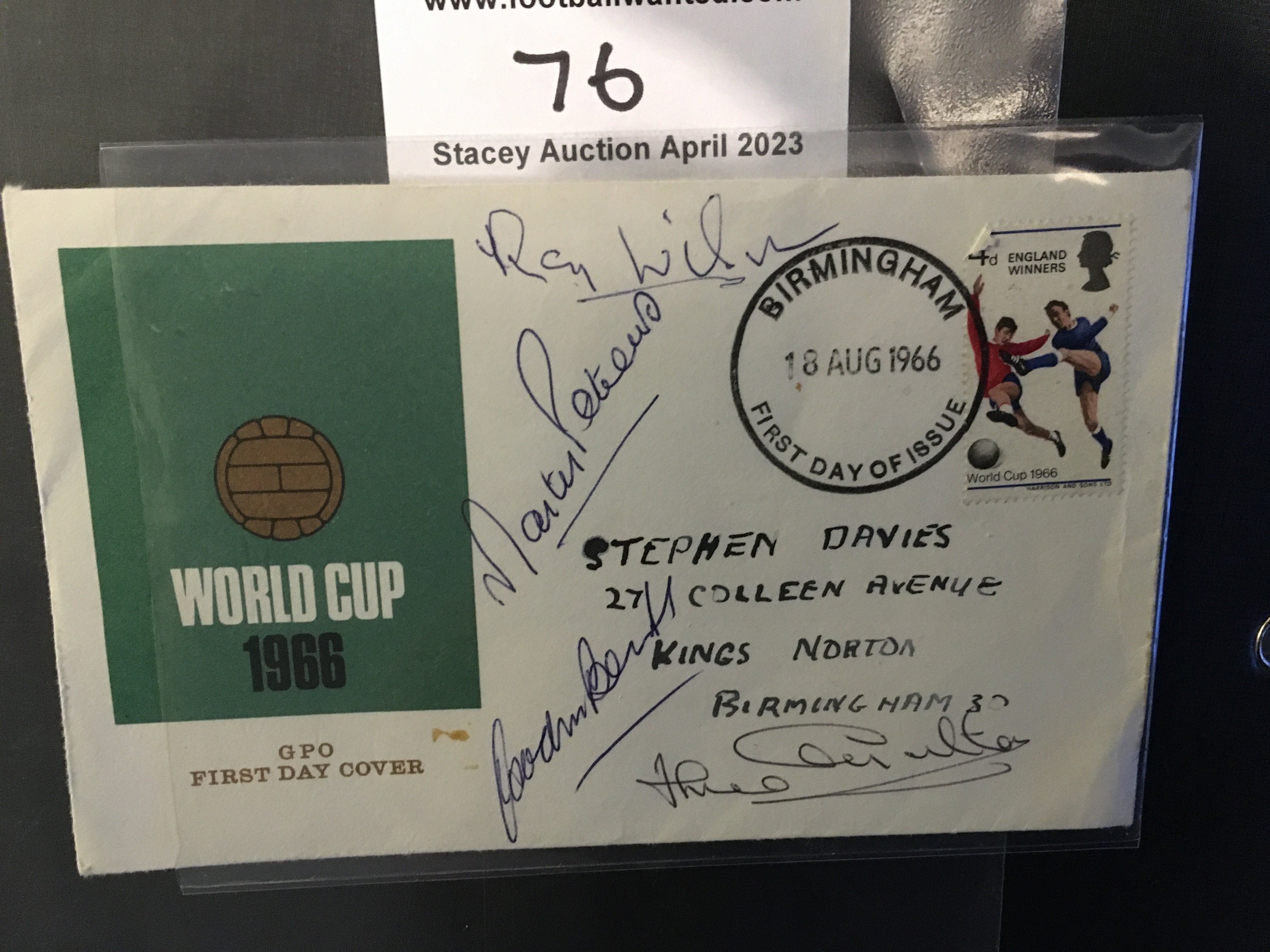 England 1966 World Cup Winners Signed FDC: Winners stamp with first day of issue date stamp of 18 8 1966. Postmarked and addressed to Birmingham. Hand signed in biro by Wilson, Peters, Banks and J Charlton.