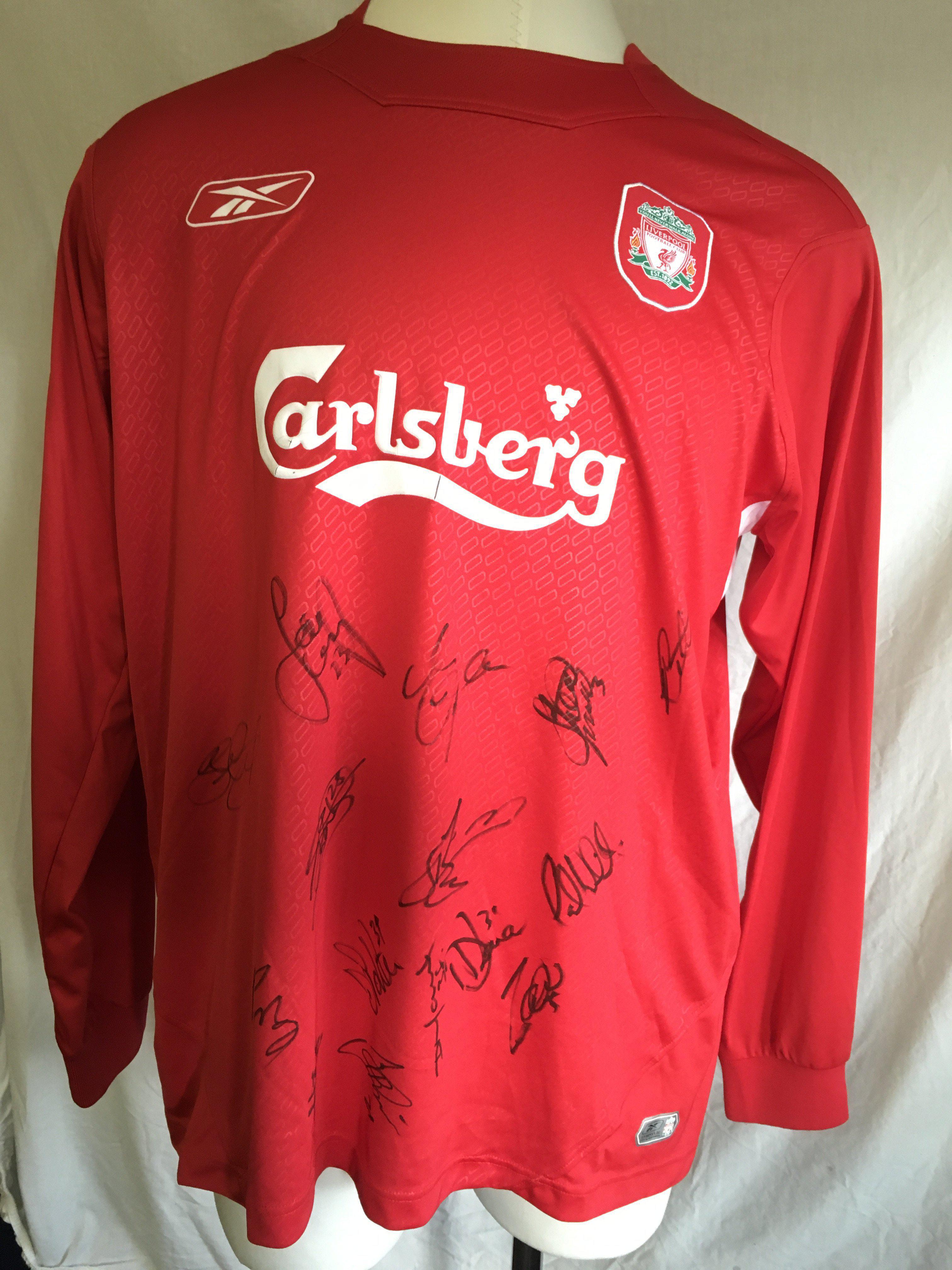 Liverpool 2006 FA Cup Winners Signed Football Shirt: Obtained for vendor by his friend Hamann who got the shirt from kit man but unlikely to have been worn as no badging to arms. Rear has Hamann number 16. Front is signed by 15 players