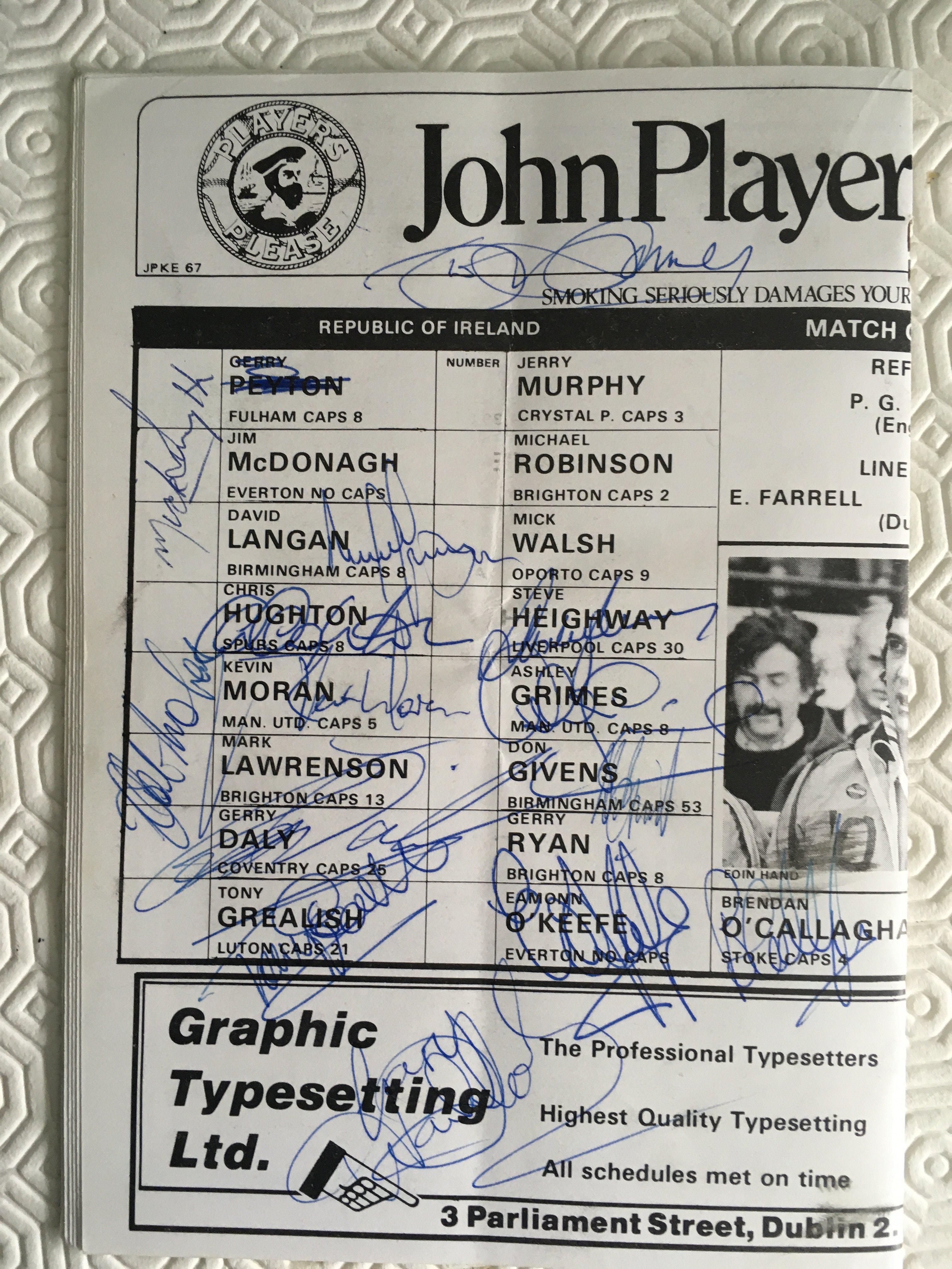 1981 Republic Of Ireland Football Autographs: 13 signatures on team page of fair condition programme at home to Wales. Includes Heighway, Moran and Grealish.