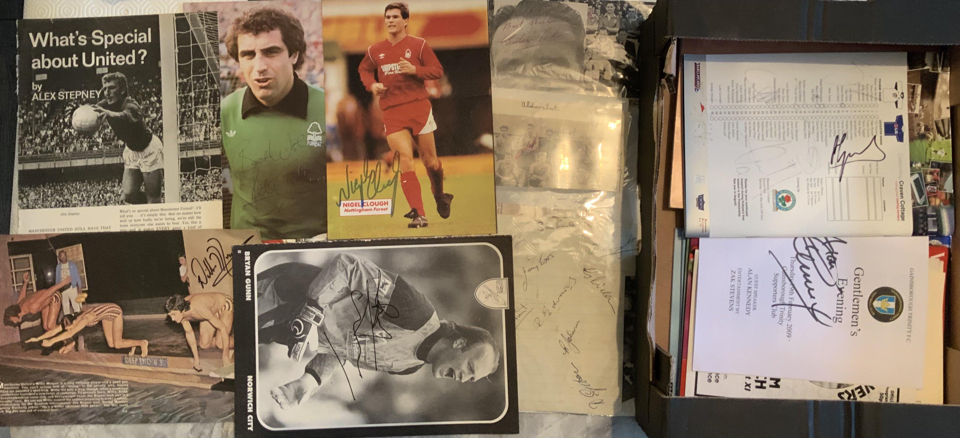 Football Autograph Collection: Wide ranging eras and teams. Includes modern programmes, old team groups + pages, magazine pictures and more. Also some team groups from the mid 50s of Aldershot Gillingham and SwIndon. There are over 100 from 1960s to 2000s with single autographs of Keegan, Shilton, Channon and a 1998 Sweden team group signed by 15. Worth a look.