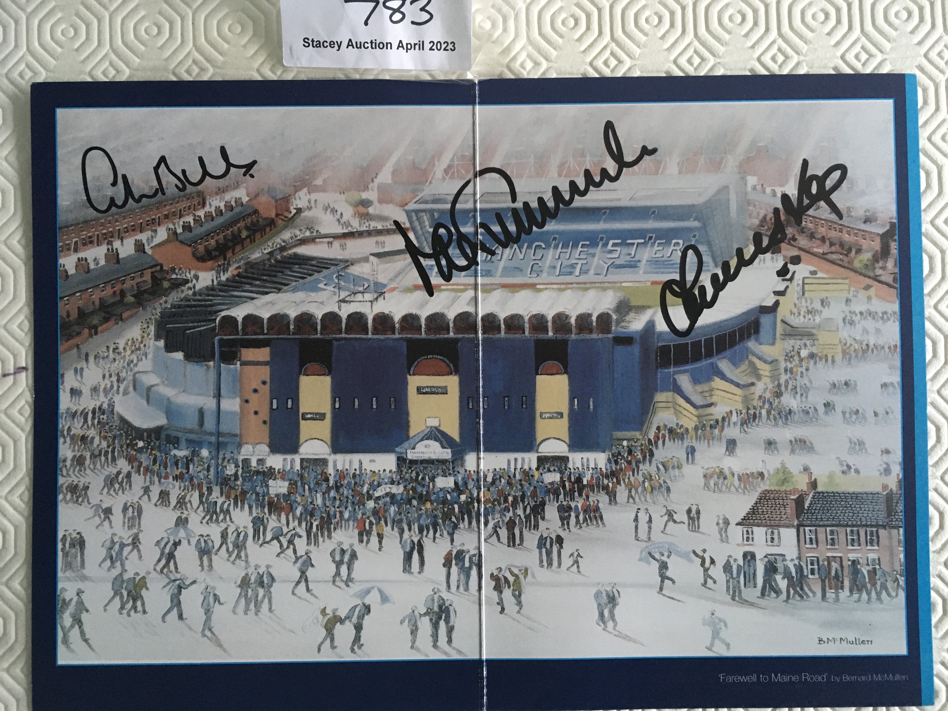 Manchester Signed Football Menu: Double page card with both inside pages depicting Maine Road in this farewell dinner in honour of the stadium. Signed clearly on the stadium by guest speakers Colin Bell, Francis Lee and Mike Summerbee.