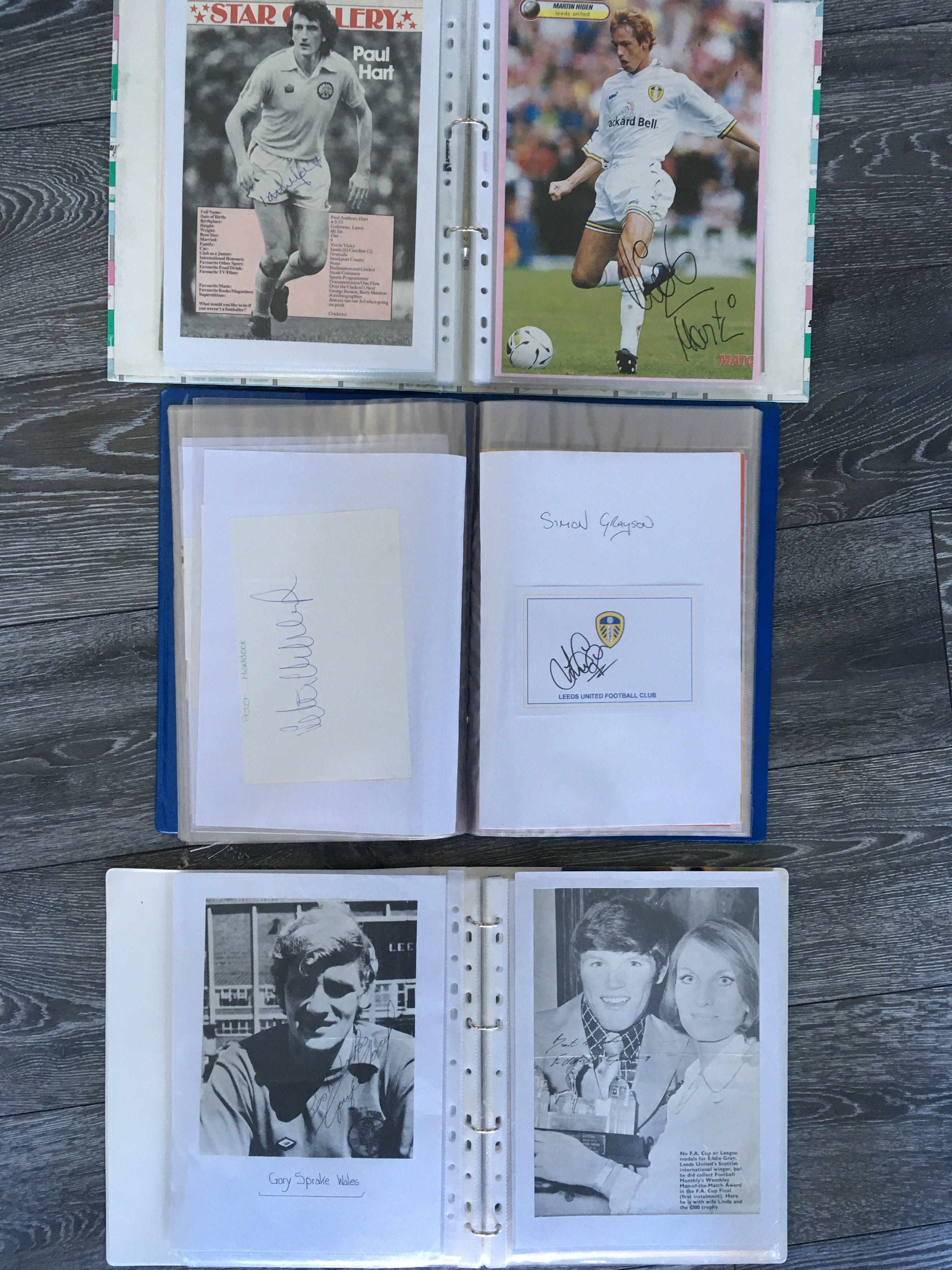Leeds United Football Autograph Collection: From the 60s to the 90s often on large magazine pictures or white cards. A few smaller 50s ones included. Includes Charles, Sprake, Hunter, Gray, Madeley, Cherry, Flynn and many more. Quantity in 3 binders with instructions to sell.