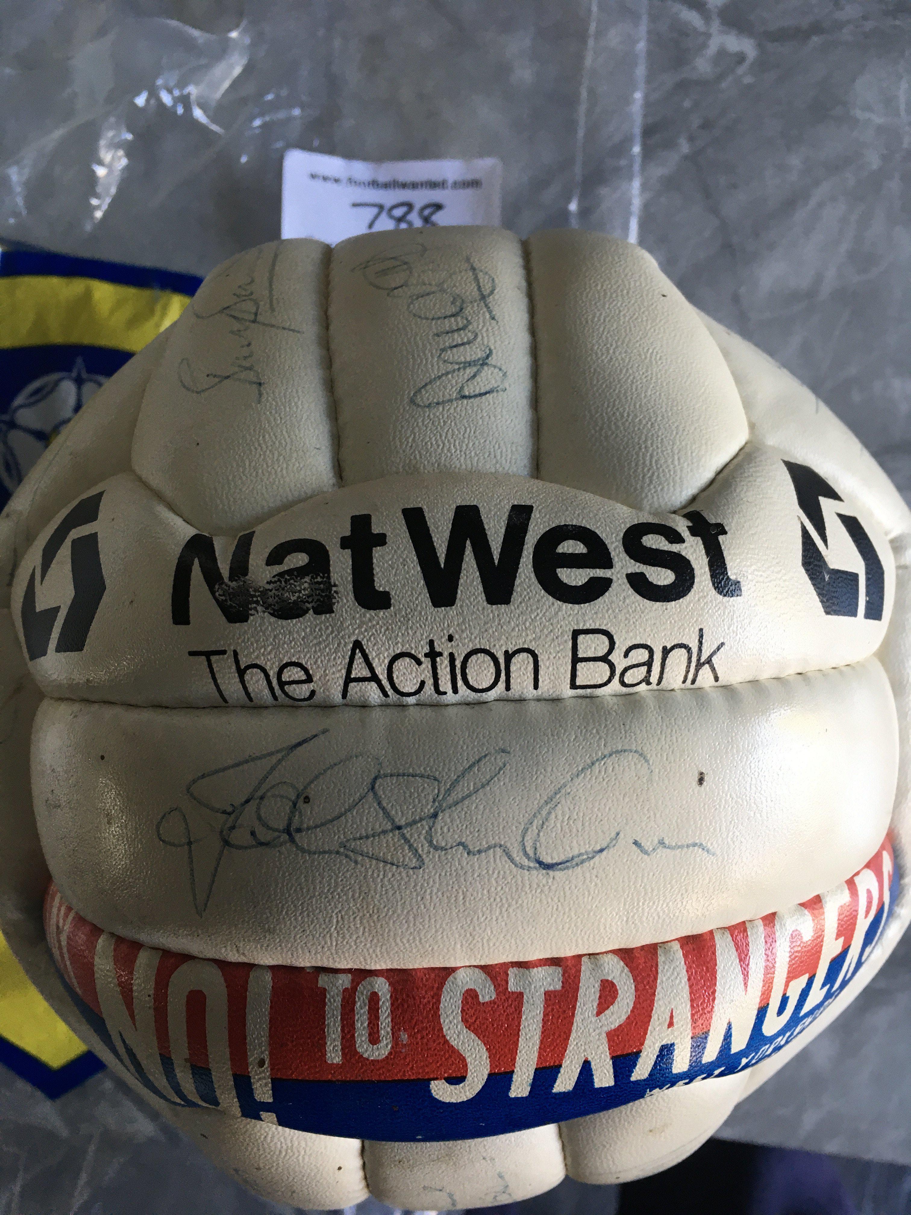 Leeds United 87/88 Signed Football: Autographed in blue biro by the team including Batt,y Aspin, Sheridan, Mumby and Pearson. Many autographs on a size 4 Nat West and West Yorkshire police sponsored ball. Instructions to sell.