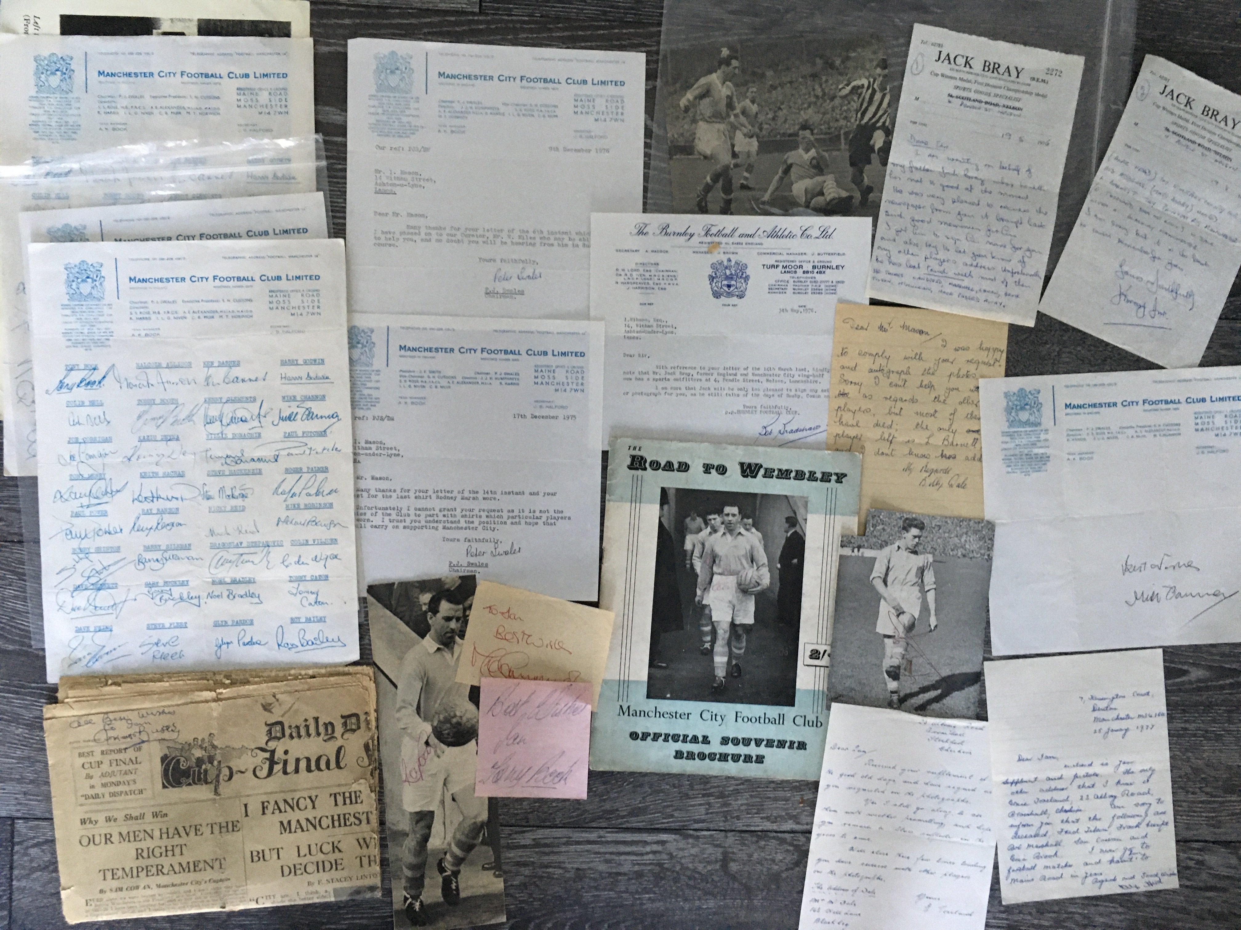 Manchester City Signed Football Memorabilia: Scrapbook with headline 1956 FA Cup Winners and inside cuttings from various publications with 30 signatures. 1956 Road To Wembley brochure with 16 signatures inside. A few signed letters to include 1933 Finalists Toesland and Dale plus one from Peter Swales. 5 autograph pages with 19 autographs not back to back to include Corrigan, Summerbee, Barnes, Tueart and Bell. Few other City related items included printed autograph sheets and a distressed 1933 Cup Final newspaper signed to Ian by Matt Busby.