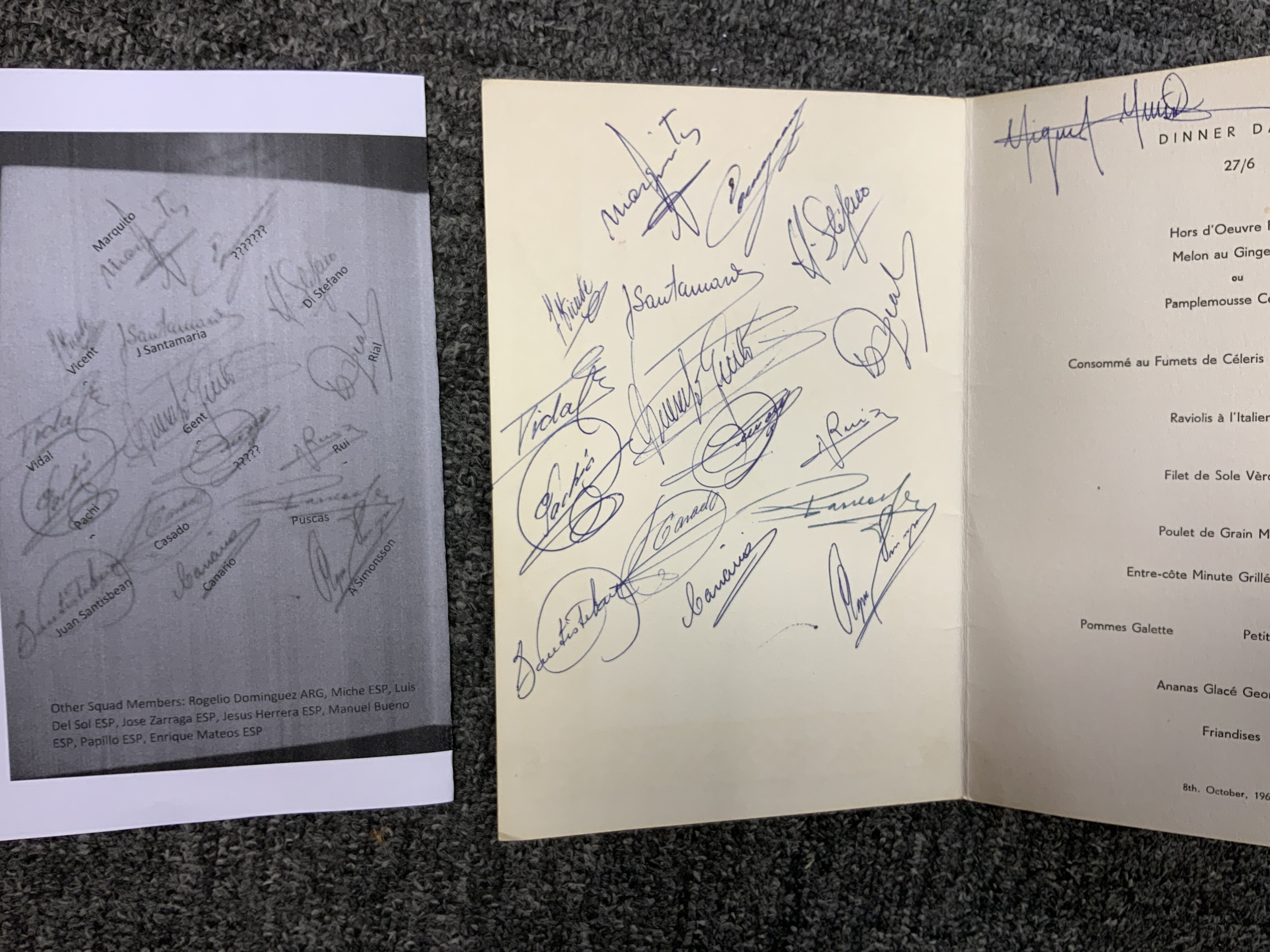 1960 Real Madrid Signed Football Menu: Nice menu from the Midland Hotel, Manchester around the time of the match at Man Utd in October 1960. Signed clearly in biro by 16 players to include Puscas, Gento and Di Stefano. A separate signature map is included and 14 are identified. C/W other memorabilia relating to this great team including book and programme for aforementioned match.