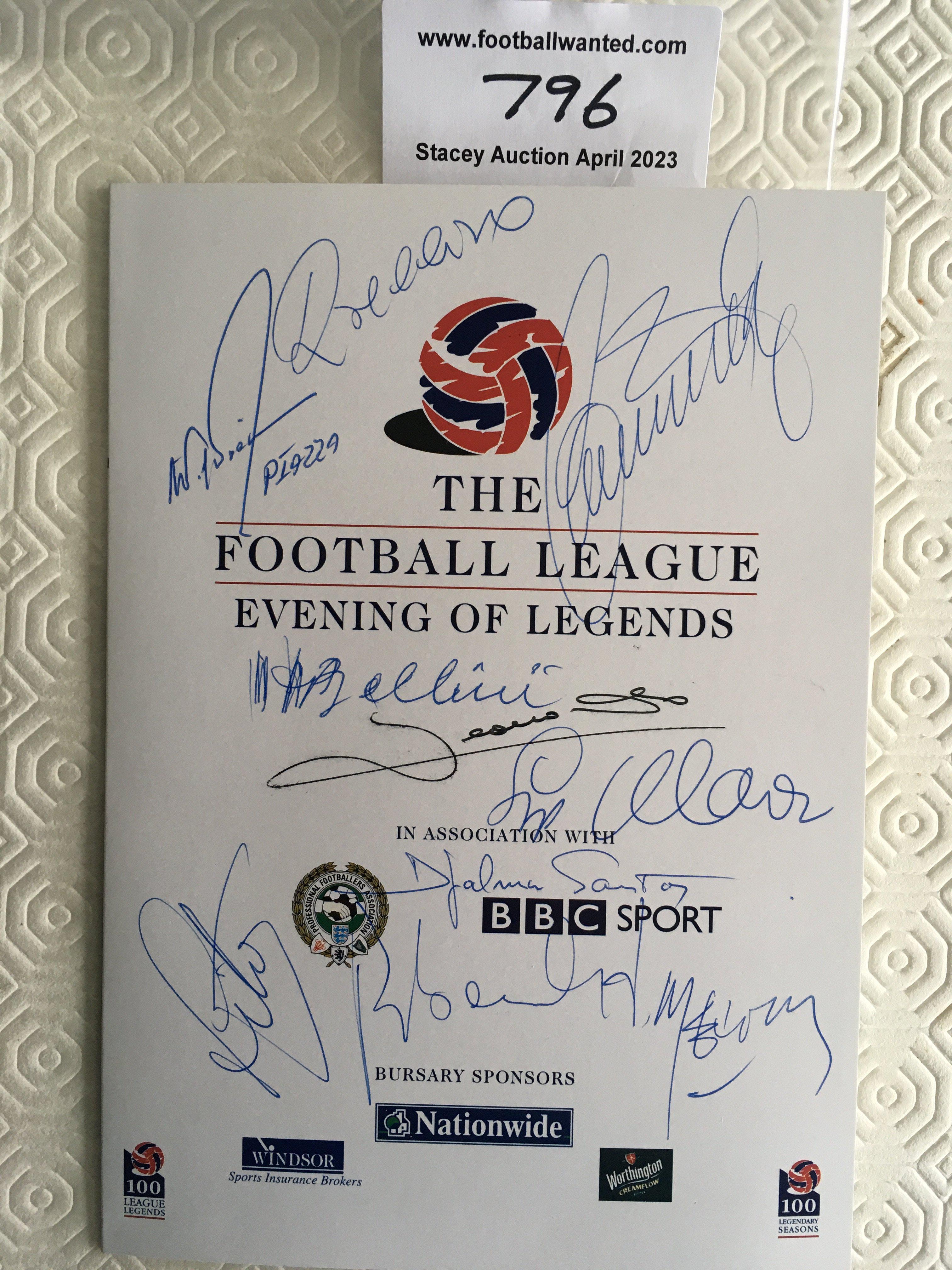 Signed Football Menu: Football League Evening of Legends from the late 90s. Signed to cover by famous foreign footballers who attended this prestigious event. 9 autographs include Leonardo, Rivelino, Wilson Piazza, Zito, Bellini, Djalma Santos, Menotti, Sepp Maier, Rainer Bonhof and Harold Toni Schumacher.