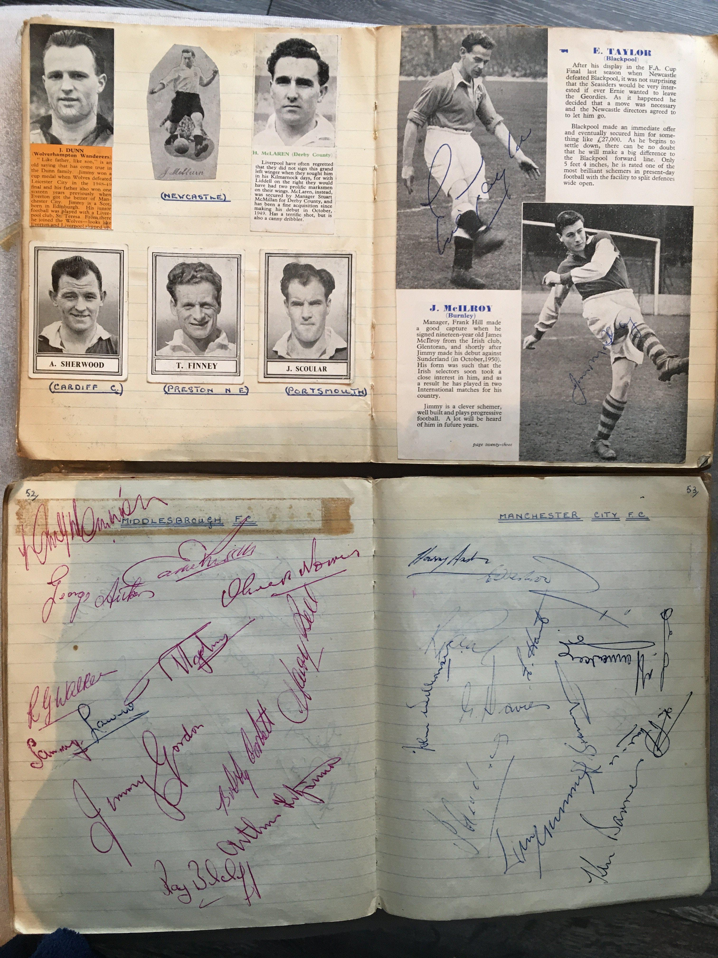 1950s Football Autographs: Collected in the day and stuck down to exercise books. Many hundreds of genuine autographs on magazine pictures from a wide variety of clubs. The most attractive aspect of this collection is there are pages to rear which have a club name at the top and are multi signed with many from the great northern teams of the day Bolton Blackburn Manchester United Burnley Manchester City Preston Newcastle West Brom and many more. Viewing essential as some back to back. Autographs include Duncan Edwards. Two exercise books full of autographs along with 3 programmes which include FA Cup finals for 57 + 58.