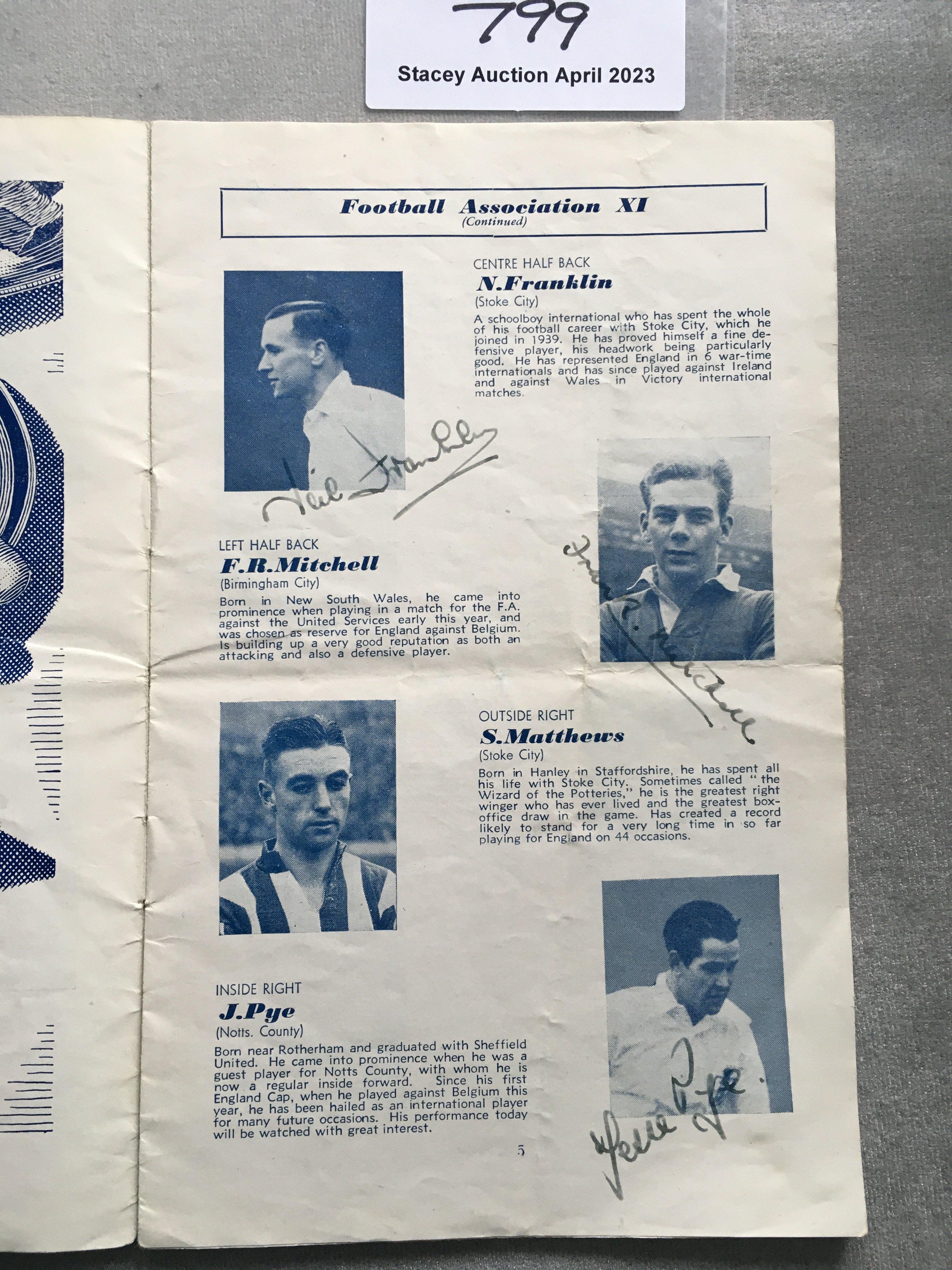 1946 Signed England Football Programme: Officially the FA X1 v Army Training Corps played at Wembley. Signed throughout the programme to include Franklin, Mitchell, Pye, Stubbins, Shackleton, G + L Smith, Allen, Cater, Soo, Elliott, Beattie, Mercer, Wardle, Hagan, Welsh and Lawton.