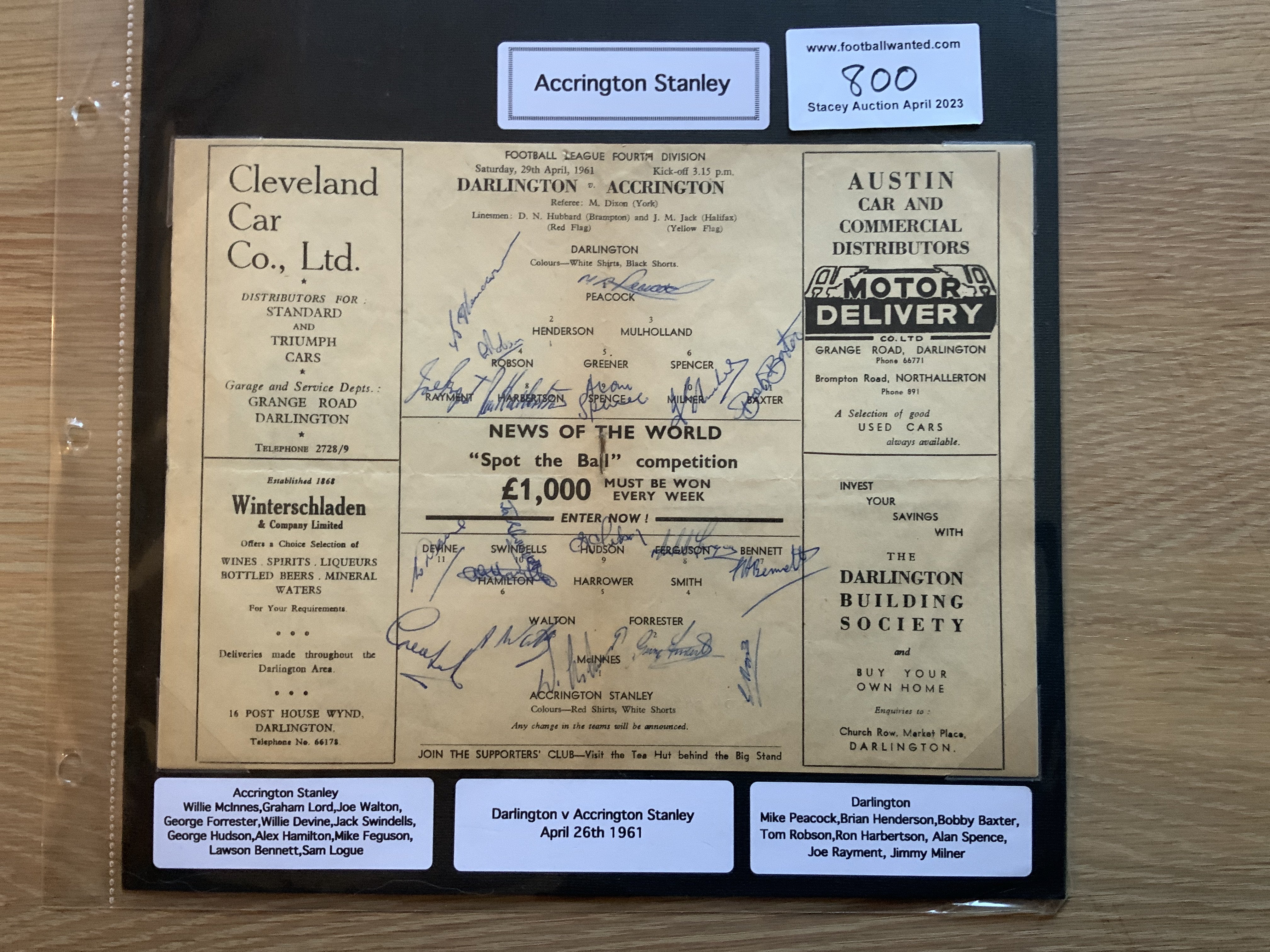 Accrington Stanley 1940s 1950s 1960s Football Autograph Collection: Stunning private collection all pre 1970 from various publications. Signatures are identified and laid down with photo corners on 12 x 12 inch card and easily removable. 8 pages to include 2 fully signed team groups, 6 signed trade cards, 5 signed autograph pages, a signed programme and various sized pictures, 2 are A4. 90 different player signatures including Les Cocker, Ian Gibson, George Hudson, Jack Swindells, Sid Storey, Paddy Sowden, Walter Galbraith, George Stewart, Harold Bodle and Jimmy Harrower. (130+)