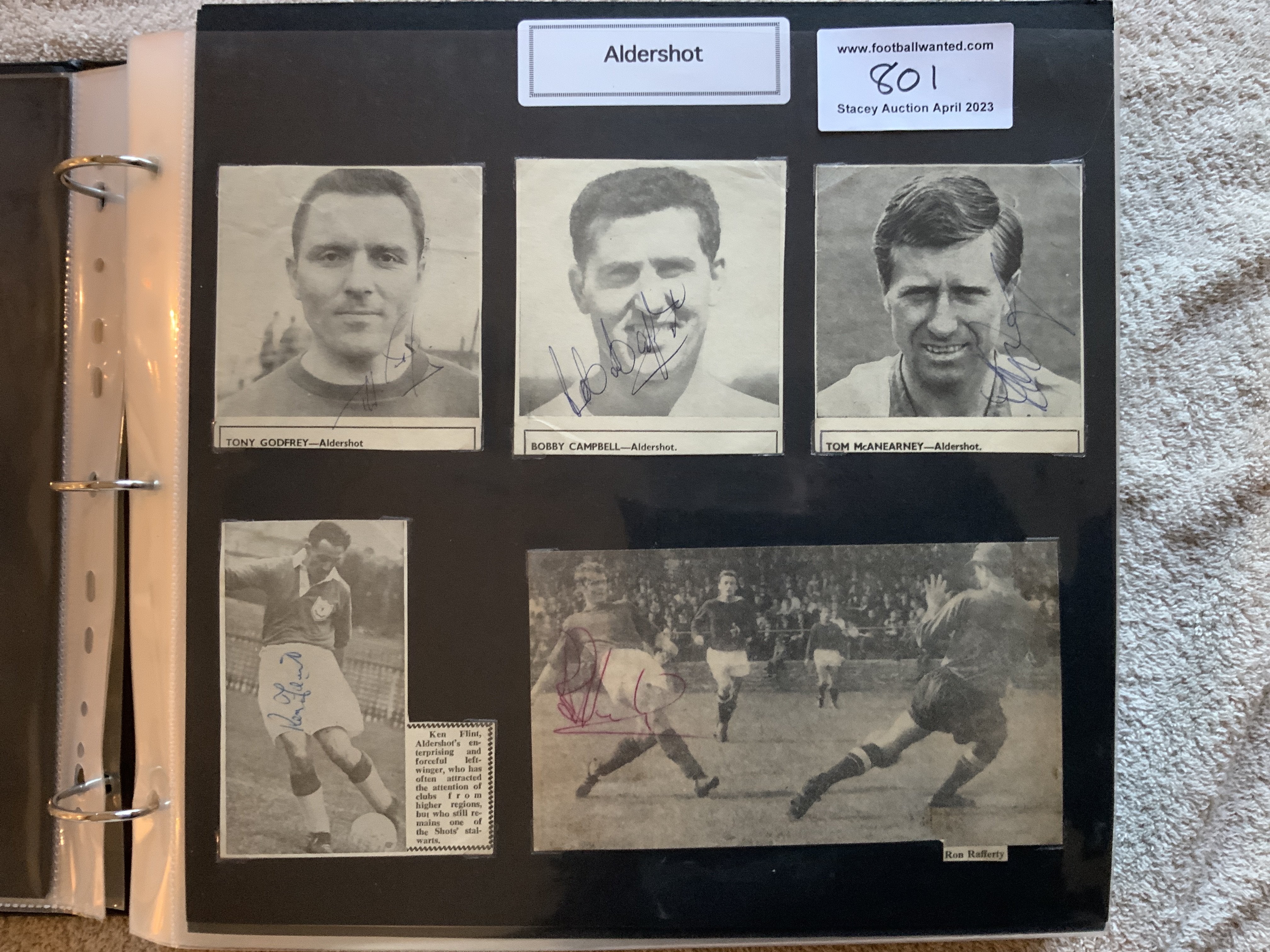Aldershot 1940s 1950s 1960s Football Autograph Collection: Stunning private collection all 1969 or earlier from various publications. 16 Pages with over 220 autographs including Ken Flint, Jack Howarth, Tommy Mulgrew, Dennis Howe, Charlie Billington, Phil Gunter, Jack White, Jimmy Melia, Sonny Walters, Lem Walker, Kevin Baron, Derek Reeves, Ron Rafferty etc. 101 Different players autographs, 3 Fully signed team pictures, 4 signed autograph pages,110 signed pictures including 1 A4 size. (220+)