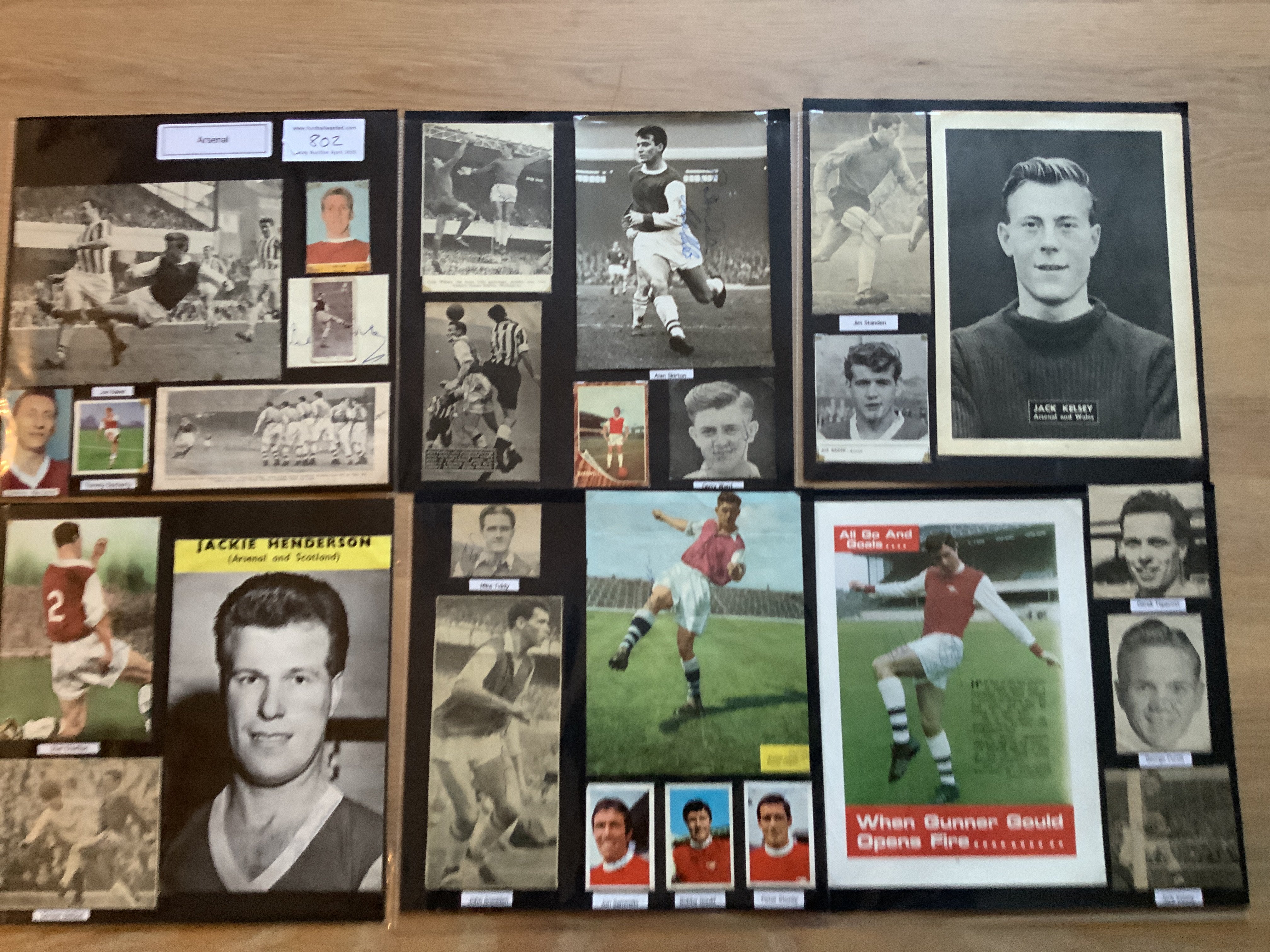 Arsenal 1940s 1950s 1960s Football Autograph Collection: Stunning private collection all pre 1970 from various publications. All signatures are identified and laid down with photo corners on 12 x 12 inch card and easily removable. 64 pages to include 1 fully signed team group, 13 signed trade cards, 3 signed autograph pages, signed club letterhead 1968/69 with eleven autographs, 11 signed original press photos and 218 various sized pictures to include 38 A4. 112 different player signatures including Tommy Lawton, Bertie Mee, Dennis Compton, Joe Mercer, Joe Baker, Ray Kennedy, Cliff Holton, George Armstrong, Laurie Scott, Alex James, John Radford, Danny Clapton, Don Howe etc. (370+)