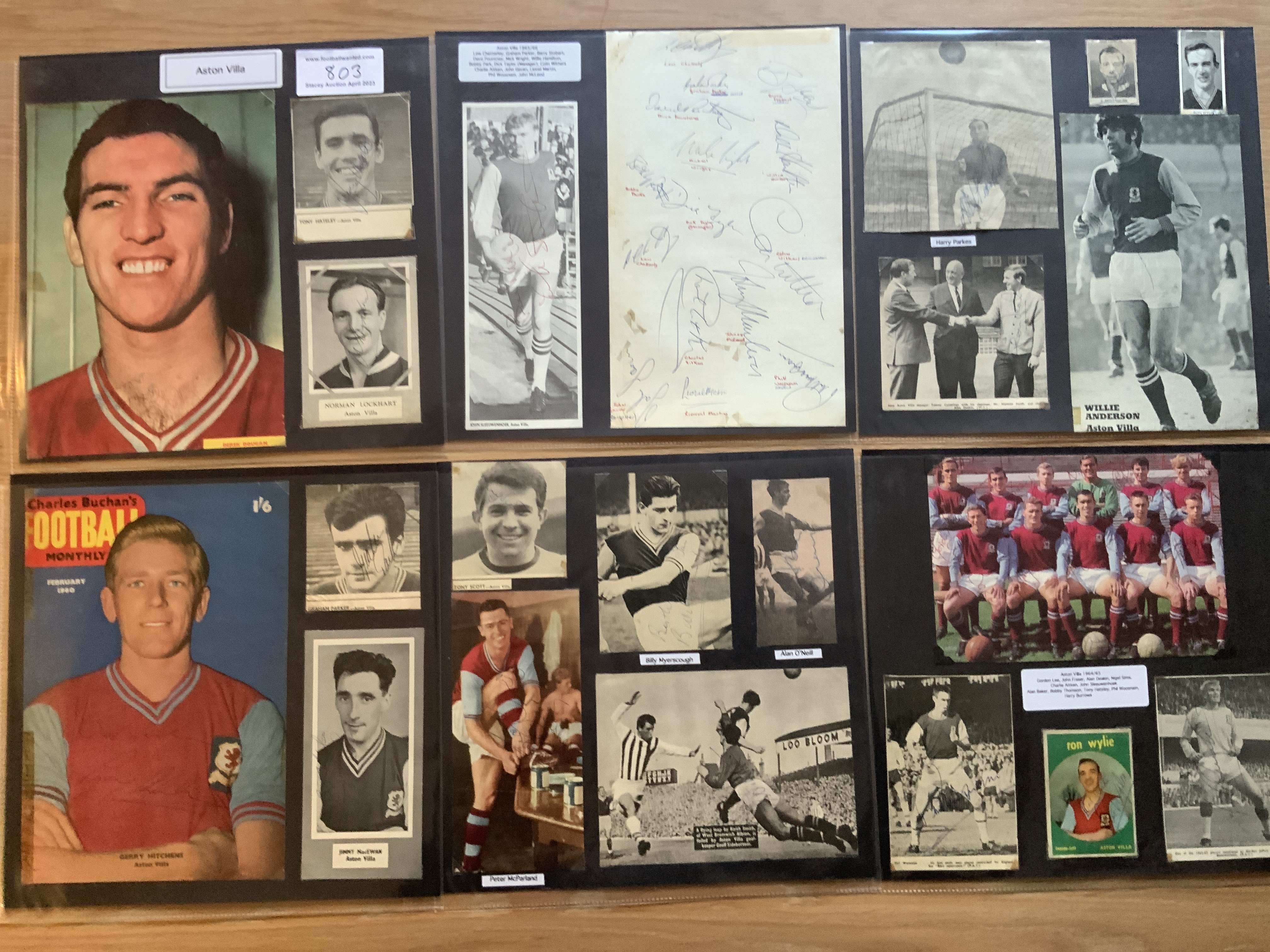 Aston Villa 1940s 1950s 1960s Football Autograph Collection: Stunning private collection all pre 1970 from various publications. All signatures are identified and laid down with photo corners on 12 x 12 inch card and easily removable. 45 pages to include 2 fully signed team groups, 9 signed trade cards, 4 signed autograph pages, 2 signed original press photos and 117 various sized pictures to include 26 A4. 122 different player signatures including Jackie Sewell, Danny Blanchflower, Brian Tiler, Dickie Dorsett, Gerry Hitchens, Tony Hateley, Derek Dougan, Phil Woosnam, Harry Parkes, John Sleeuwenhoek, Frank Moss, Charlie Aitken etc. (290+)