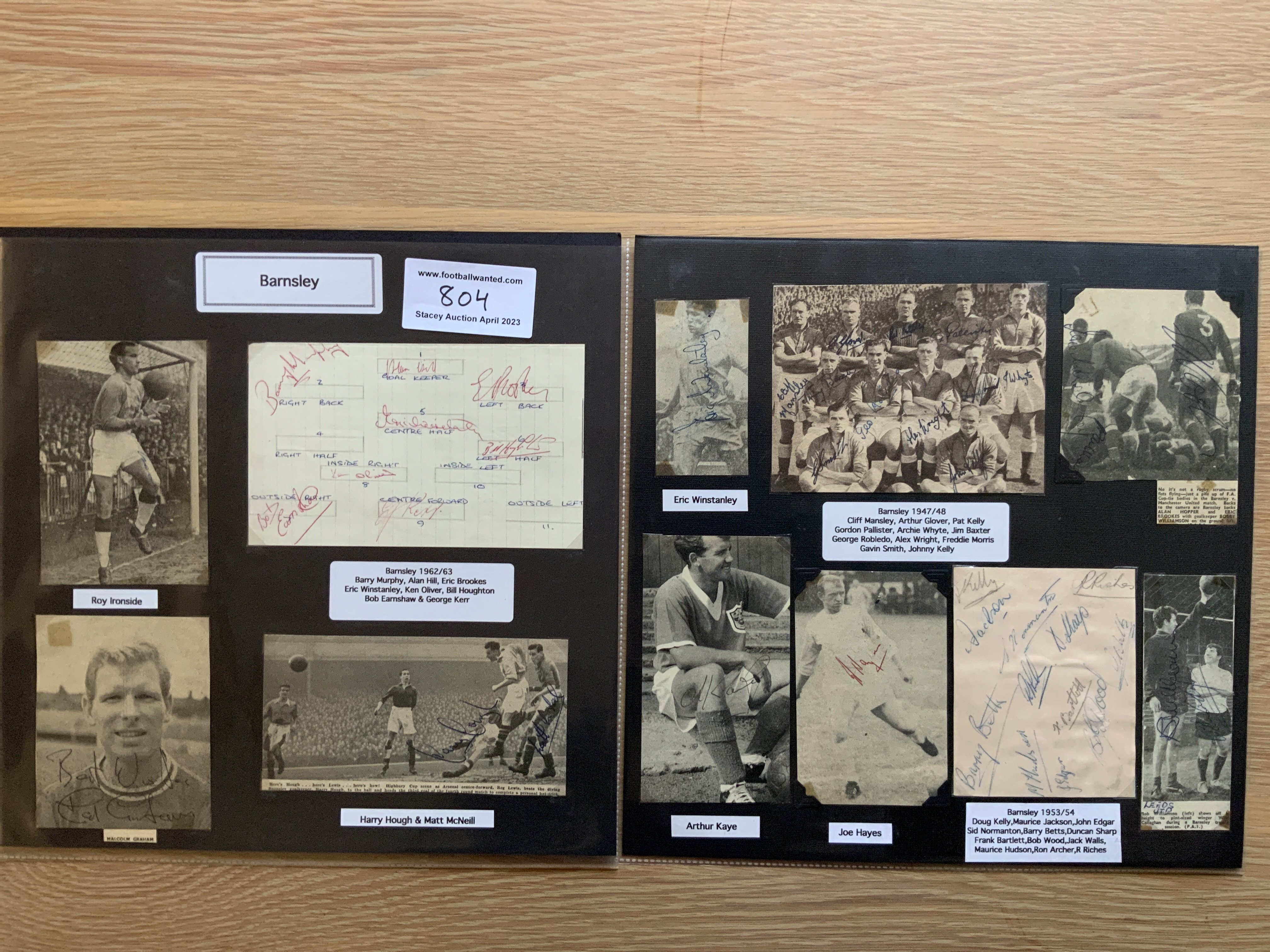 Barnsley 1940s 1950s 1960s Football Autograph Collection: Stunning private collection all pre 1970 from various publications. All signatures are identified and laid down with photo corners on 12 x 12 inch card and easily removable. 14 pages to include 2 fully signed team groups, 6 signed autograph pages, 1 signed press photo and 70 various sized pictures to include 3 A4. 100 different player signatures including Ray Wood, George Robledo, Pat Howard, Harry Hough, Roy Ironside, Matt McNeil, Lol Chappell, Eric Winstanley, Sid Normanton, Barrie Betts, Arthur Kaye, Bert Tindall, John Kelly, Barrie Wood etc. (200+)