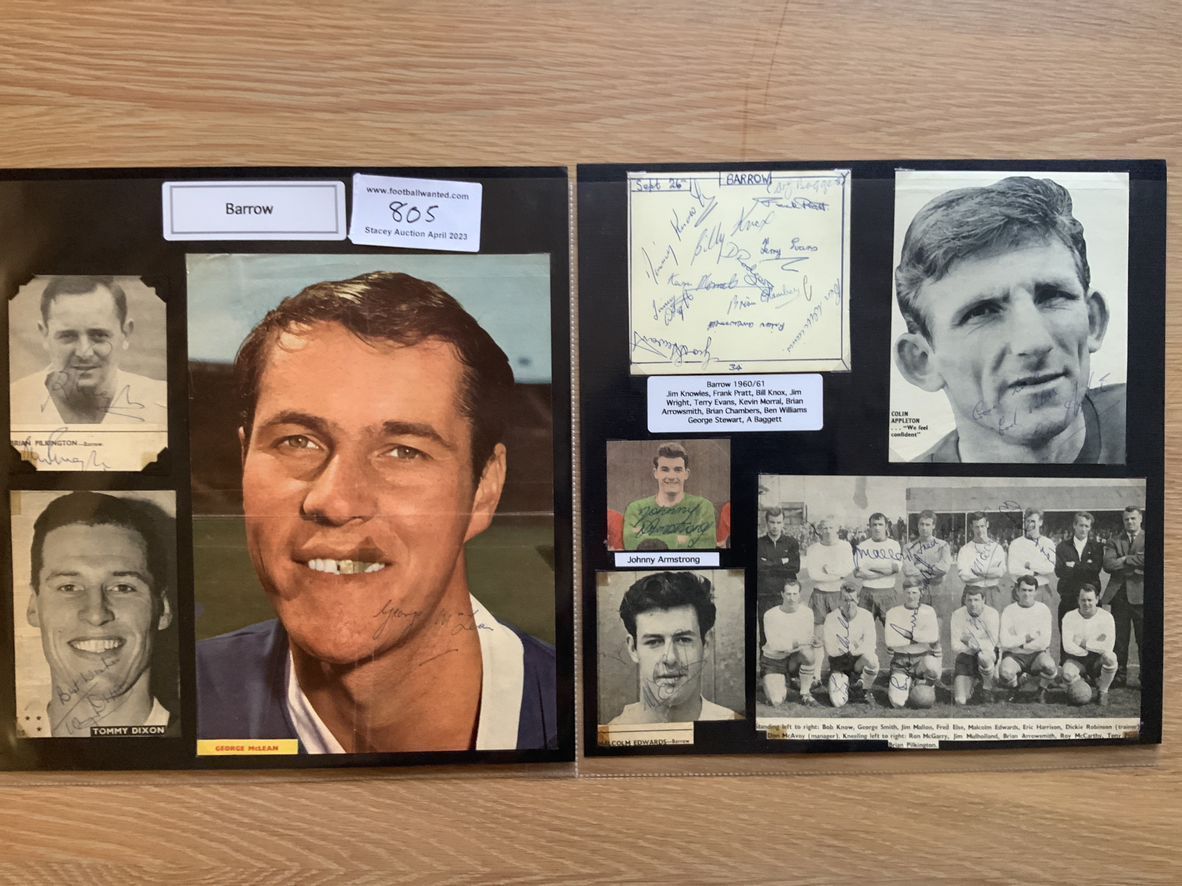 Barrow 1940s 1950s 1960s Football Autograph Collection: Stunning private collection all pre 1970 from various publications. All signatures are identified and laid down with photo corners on 12 x 12 inch card and easily removable. 16 pages to include 4 fully signed team groups, 9 signed autograph pages, a signed programme and 68 various sized pictures to include 3 A4. 142 different player signatures including Tommy Dixon, Ron Staniforth, Jim Collins, Jack Hindle, Brian Pilkington, Dixie Hale, Colin Appleton, Fred Else, Johnny Gordon, Les Bardsley, Jim Mulvaney, Jack Keen, Don McEvoy etc. (260+)