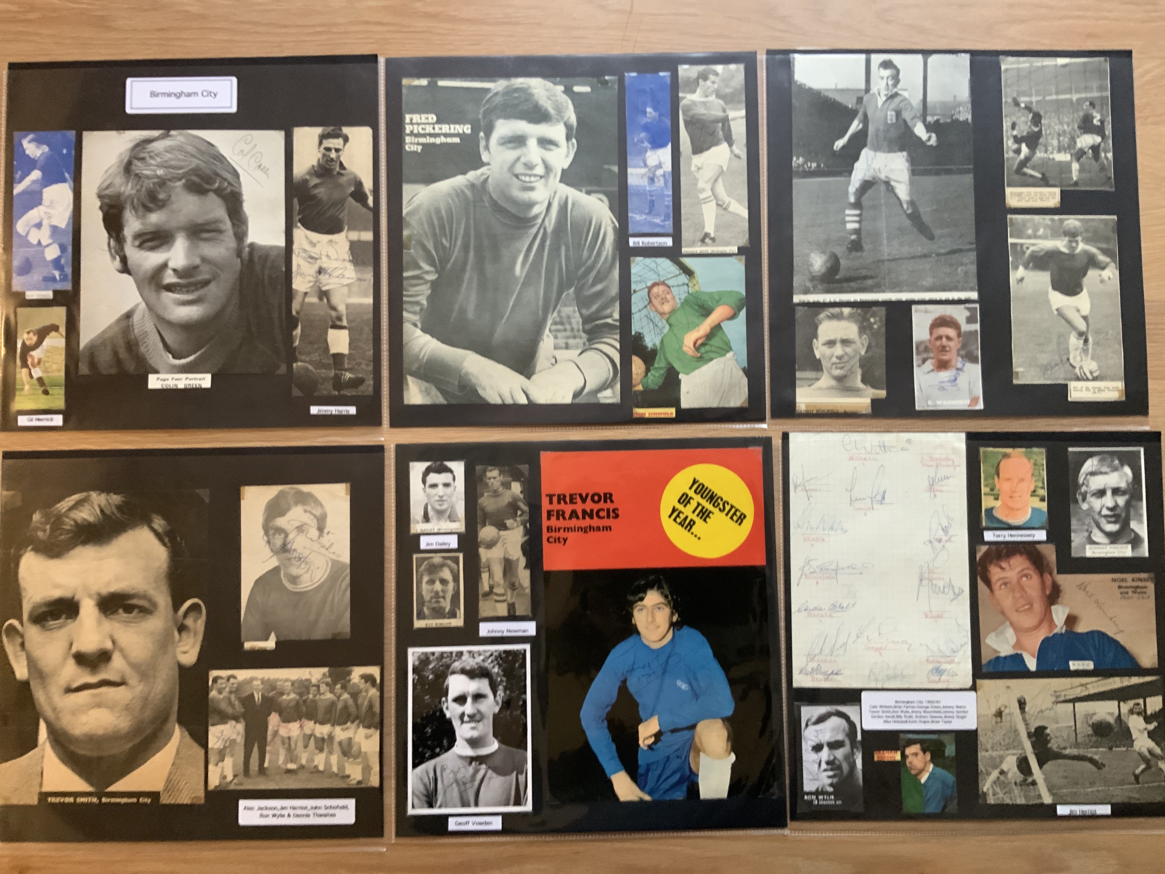 Birmingham City 1940s 1950s 1960s Football Autograph Collection: Stunning private collection all pre 1970 from various publications. All signatures are identified and laid down with photo corners on 12 x 12 inch card and easily removable. 42 pages to include 3 fully signed team groups, 2 signed autograph pages and 170 various sized pictures to include 26 A4. 108 different player signatures including Ken Green, Jeff Hall, Johnny Berry, Bob Latchford, Trevor Francis, Dennis Thwaites, Jack Badham, Bertie Auld, Jim Dailey, Jimmy Greenhoff, Cyril Trigg, Arthur Atkins, John Watts etc. (300+)
