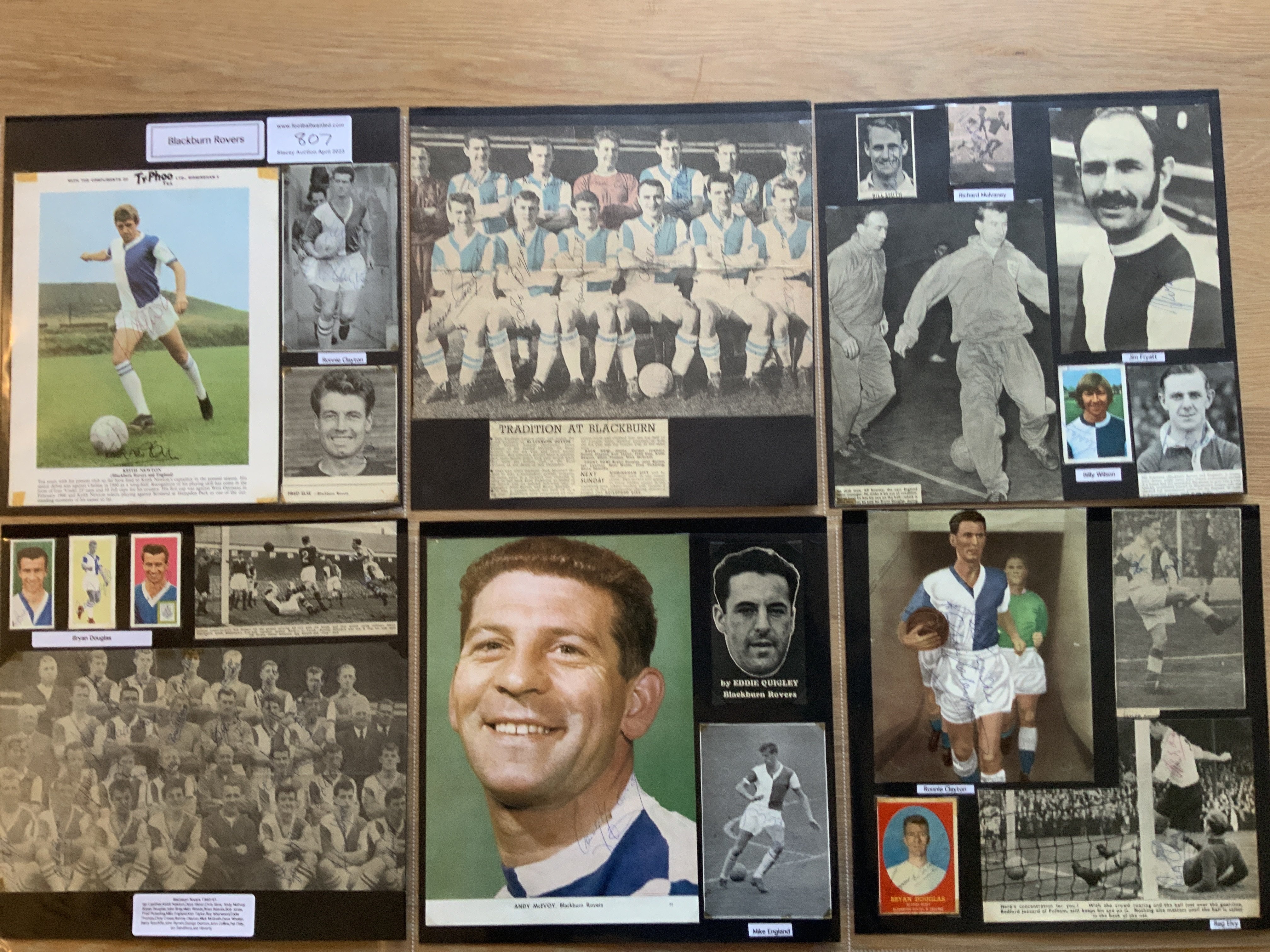 Blackburn Rovers 1940s 1950s 1960s Football Autograph Collection: Stunning private collection all pre 1970 from various publications. All signatures are identified and laid down with photo corners on 12 x 12 inch card and easily removable. 50 pages to include 2 fully signed team groups, 18 signed trade cards, 4 signed autograph pages, 15 original signed press photos and 185 various sized pictures to include 26 A4. 115 different player signatures including Keith Newton, Eric Bell, Bill Eckersley, Derek Dougan, Jim Fryatt, Dave Whelan, Ron Suart, Roy Vernon, Louis Bimpson, Fred Pickering, Eamon Rogers, Andy McEvoy, Eddie Quigley, Walter Joyce etc. (350+)