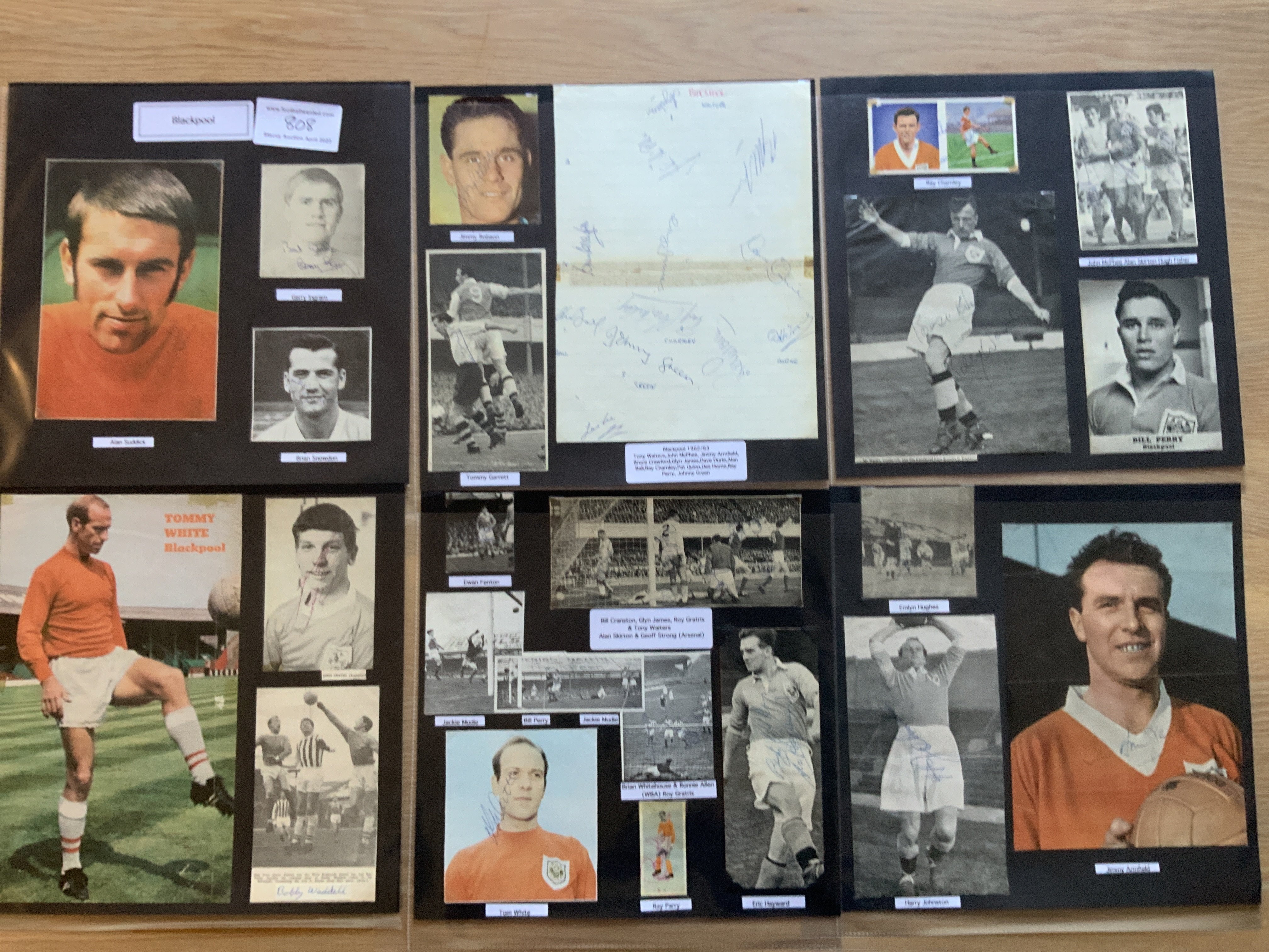 Blackpool 1940s 1950s 1960s Football Autograph Collection: Stunning private collection all pre 1970 from various publications. All signatures are identified and laid down with photo corners on 12 x 12 inch card and easily removable. 38 pages to include 2 fully signed team groups, 5 signed autograph pages, a signed programme, 8 original signed press photos and 128 various sized pictures to include 17 A4. 110 different player signatures including Stanley Matthews, Stan Mortensen, Alan Ball, Harry Johnston, Emlyn Hughes, Tommy Hutchinson, Alan Suddick, John Craven, Eric Hayward, Alan Skirton, Ray Charnley, Des Horne etc . (330+)