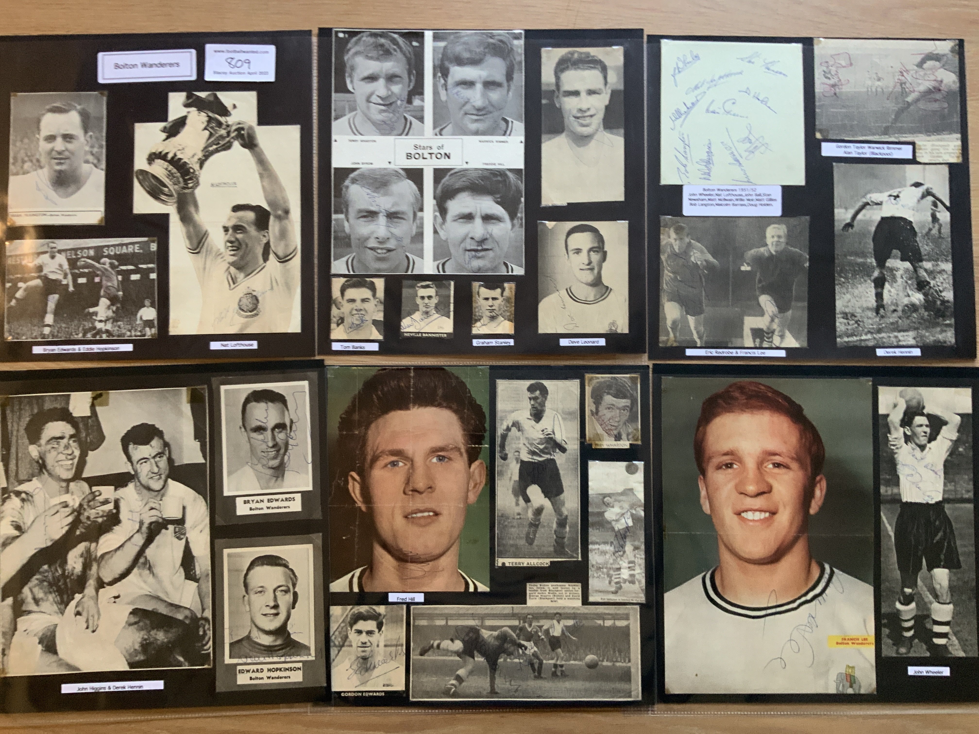 Bolton Wanderers 1940s 1950s 1960s Football Autograph Collection: Stunning private collection all pre 1970 from various publications. All signatures are identified and laid down with photo corners on 12 x 12 inch card and easily removable. 34 pages to include 3 fully signed team groups, 4 signed autograph pages, 7 signed original press photos and 127 various sized pictures to include 16 A4. 93 different player signatures including Francis Lee, Roger Hunt, Nat Lofthouse, Harry Webster, Matt Gillies, Stan Hanson, Eddie Hopkinson, Tommy Banks, Gordon Taylor, Wyn Davies, Derek Hennin, Brian Bromley, Brian Birch etc . (260+)