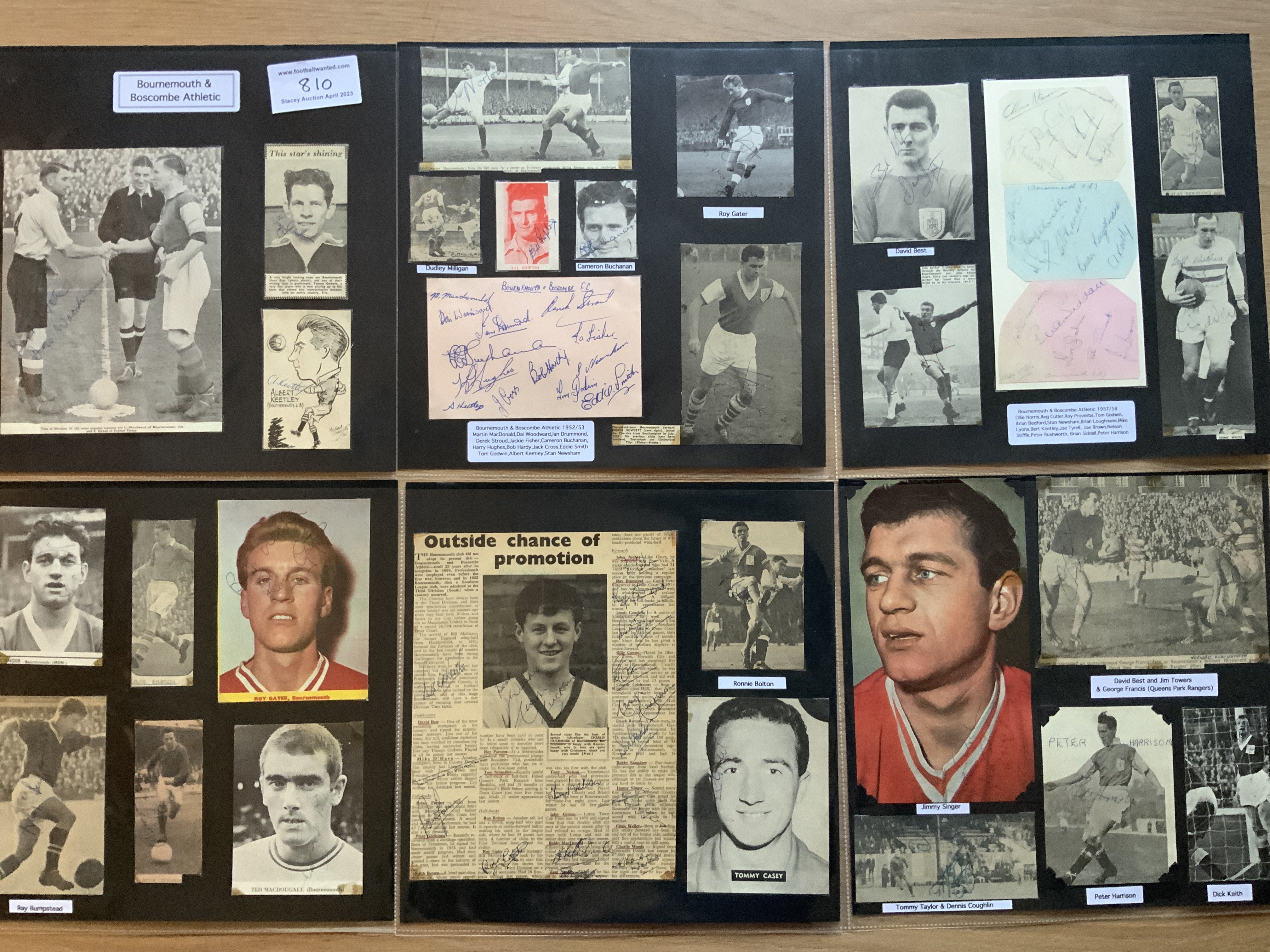 Bournemouth & Boscombe Athletic 1940s 1950s 1960s Football Autograph Collection: Stunning private collection all pre 1970 from various publications. All signatures are identified and laid down with photo corners on 12 x 12 inch card and easily removable. 20 pages to include 1 fully signed team group, 4 signed autograph pages and 111 various sized pictures to include 4 A4. 122 different player signatures including Ted McDougall, Jack Cross, Dai Woodward, Dickie Dowsett, Ollie Norris, Tommy Casey, Albert Keetley, Keith East, Nelson Stiffle, Jackie Fisher, Jimmy Singer, Ernie Tagg, Derek Reeves, Bill Lunn etc. (240+)