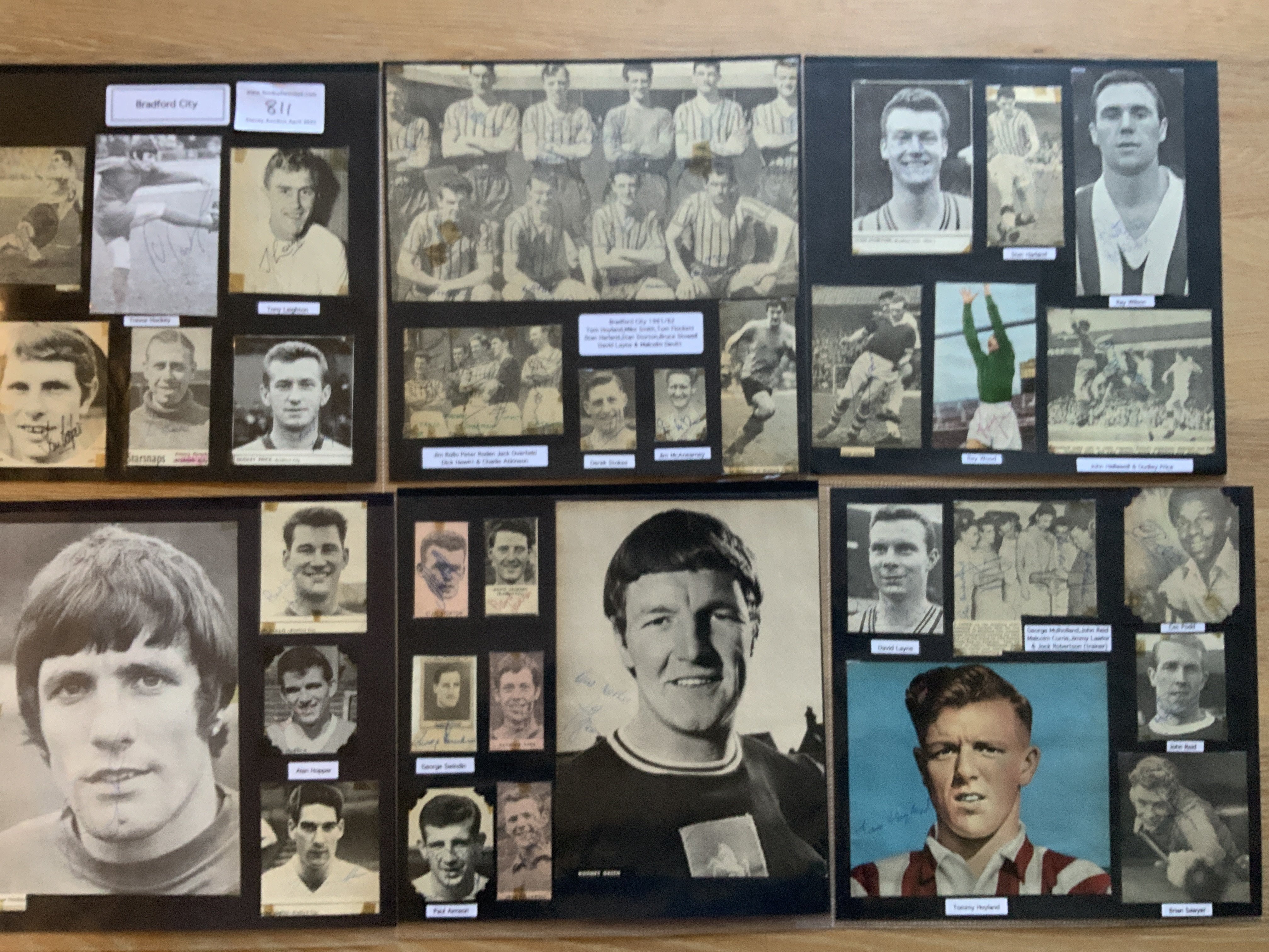 Bradford City 1940s 1950s 1960s Football Autograph Collection: Stunning private collection all pre 1970 from various publications. All signatures are identified and laid down with photo corners on 12 x 12 inch card and easily removable. 14 pages to include 2 fully signed team groups, 3 signed autograph pages and 75 various sized pictures to include 3 A4. 96 different player signatures including Trevor Hockey, Jimmy Gooch, Roy Ellam, David Layne, Bruce Bannister, Ray Wood, Bobby Ham, John McCole, Derek Stokes, Tommy Hoyland, Pat Liney, Jim Lawlor, Ron Liversage etc. (180+)