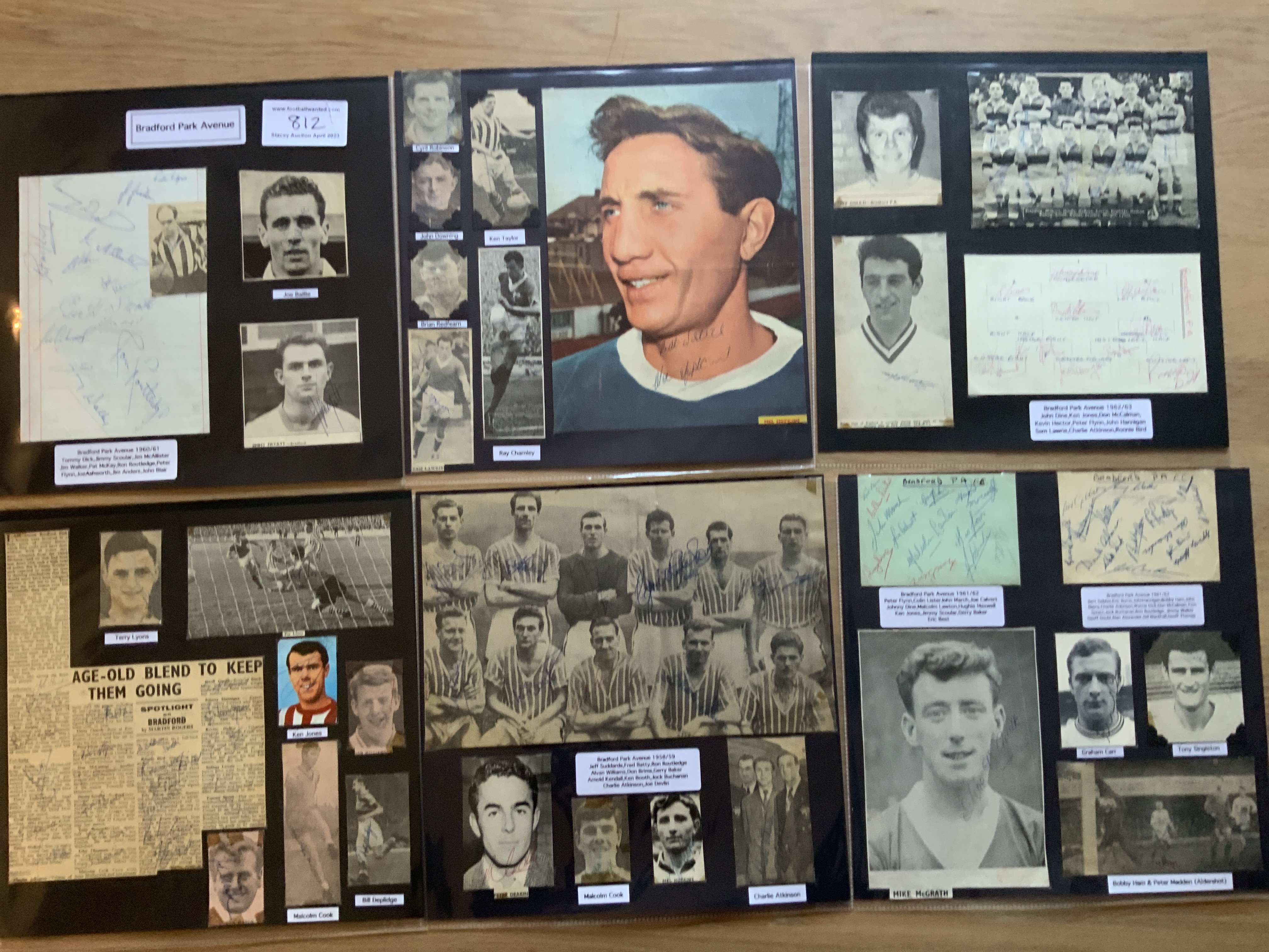 Bradford Park Avenue 1940s 1950s 1960s Football Autograph Collection: Stunning private collection all pre 1970 from various publications. All signatures are identified and laid down with photo corners on 12 x 12 inch card and easily removable. 17 pages to include 2 fully signed team groups, 7 signed autograph pages, a signed programme and 107 various sized pictures to include 4 A4. 125 different player signatures including Jim Fryatt, Kevin Hector, Jimmy Scoular, Frank Hindle, Len Shackleton, Leon Leuty, Ron Greenwood, Jim Anders, Brian Redfern, Ian Gibson, Ron Deplidge, Bert Gebbie, Derek Kevan etc . (260+)