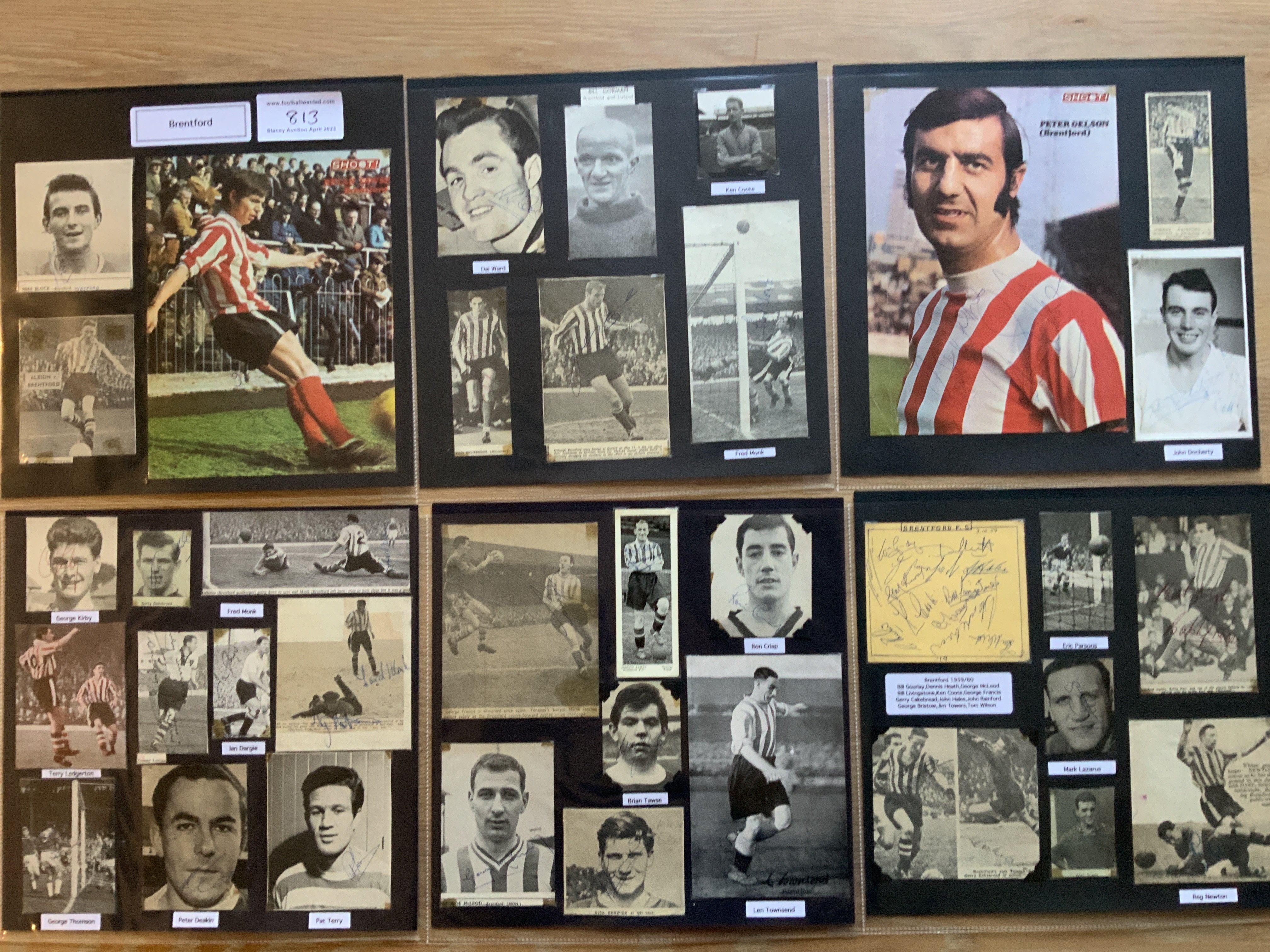 Brentford 1940s 1950s 1960s Football Autograph Collection: Stunning private collection all pre 1970 from various publications. All signatures are identified and laid down with photo corners on 12 x 12 inch card and easily removable. 18 pages to include 1 fully signed team group, 5 signed autograph pages and 104 various sized pictures to include 4 A4. 92 different player signatures including Ron Greenwood, Fred Monk, Ian Lawther, Tom Higginson, Len Townsend, Tommy Lawton, Chic Brodie, Jimmy Towers, Mike Block, Peter Gelson, John Rainford, Gerry Cakebread etc. (190+)