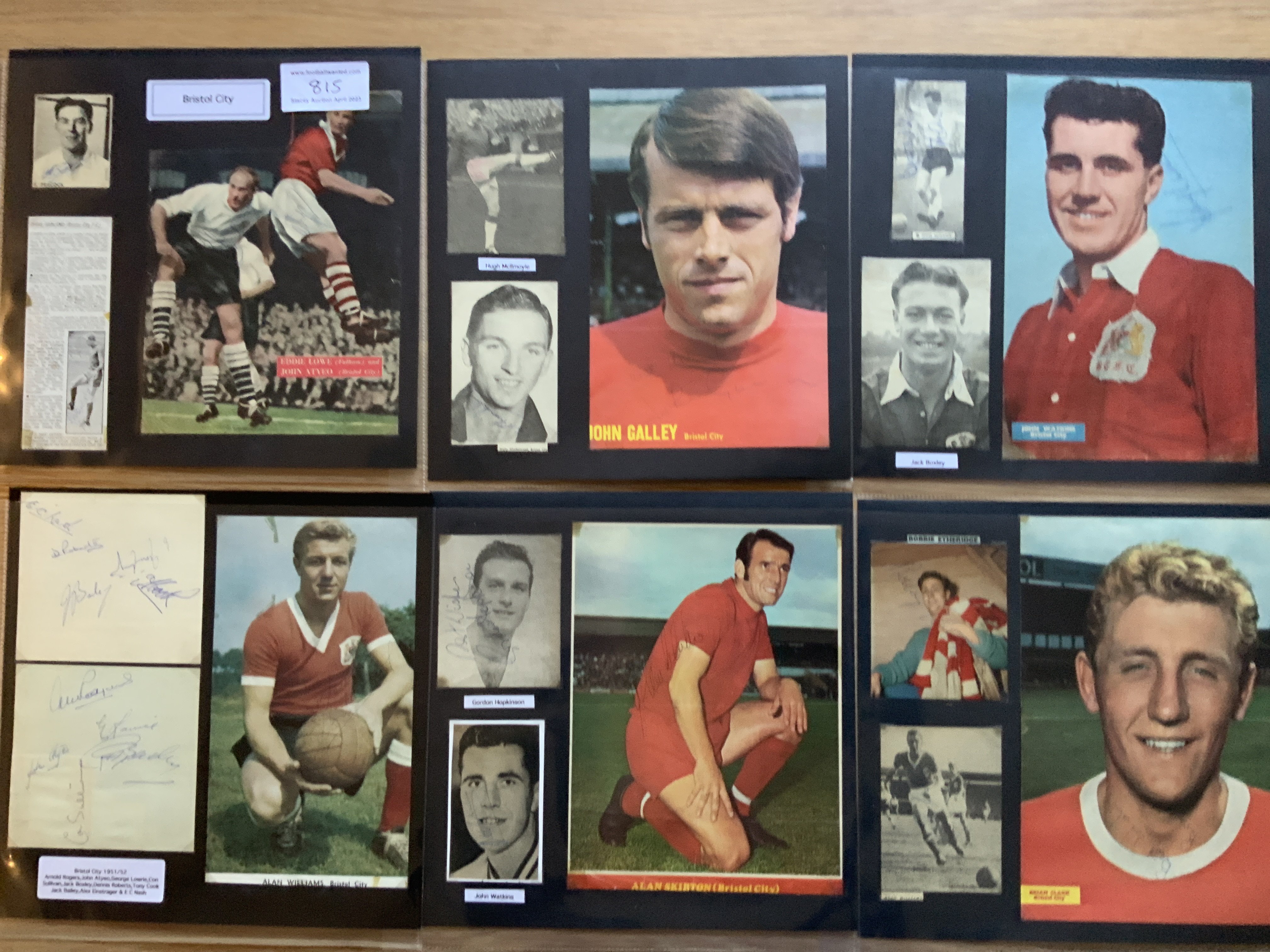 Bristol City 1940s 1950s 1960s Football Autograph Collection: Stunning private collection all pre 1970 from various publications. All signatures are identified and laid down with photo corners on 12 x 12 inch card and easily removable. 25 pages to include 3 fully signed team groups, 5 signed autograph pages, 3 signed original press photos and 123 various sized pictures to include 9 A4. 91 different player signatures including John Atyeo, Chris Garland, Arnold Rogers, Ernie Peacock, John Galley, Ted Burden, George Lowrie, Jack White, Brian Clark, Tony Cook,Chris Crowe, Geoff Merrick, Albert Eisentrager, Alan Dicks etc. (230+)