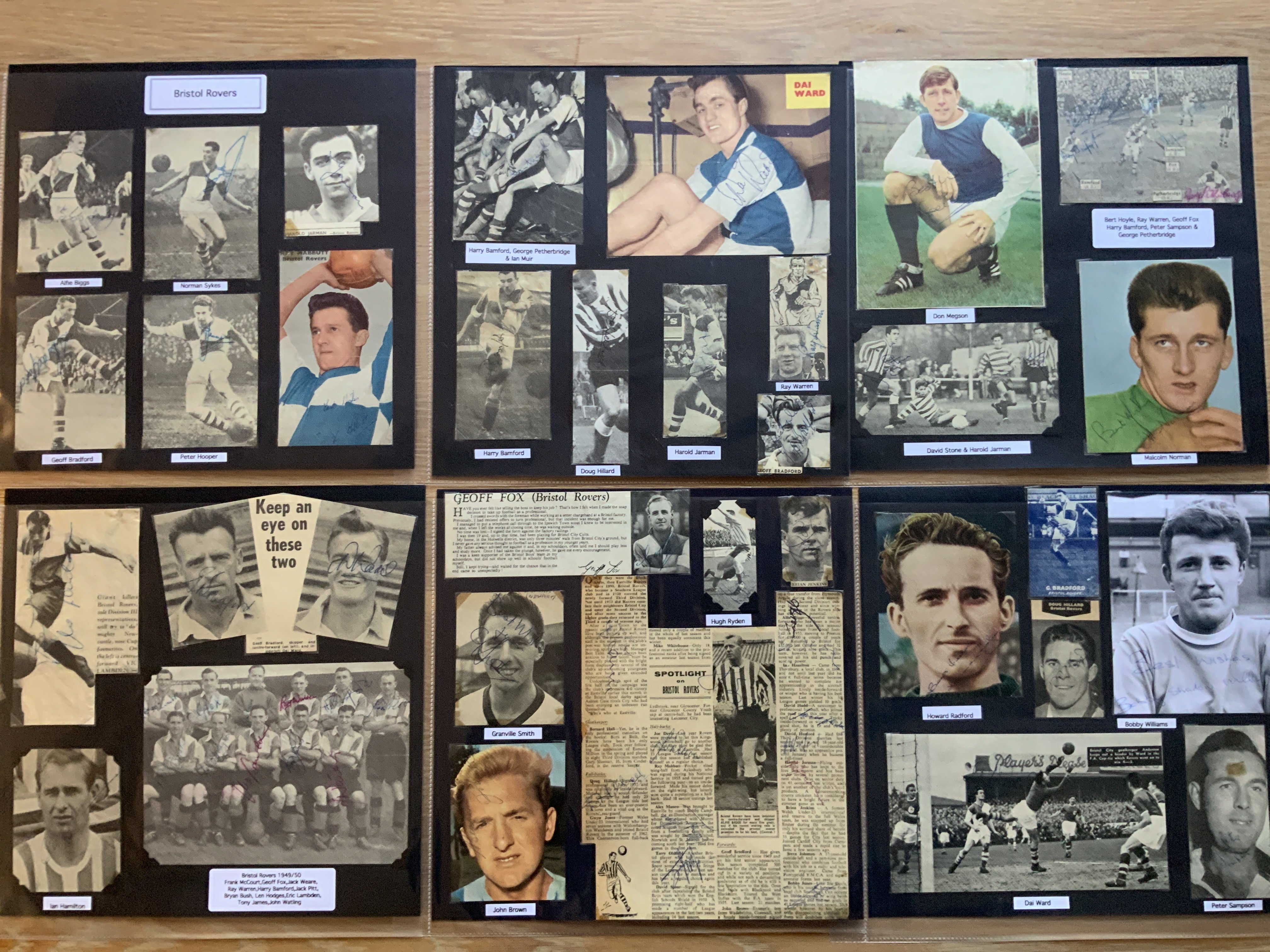Bristol Rovers 1940s 1950s 1960s Football Autograph Collection: Stunning private collection all pre 1970 from various publications. All signatures are identified and laid down with photo corners on 12 x 12 inch card and easily removable. 26 pages to include 3 fully signed team groups, 3 signed autograph pages, a signed original press photo and 135 various sized pictures to include 9 A4. 101 different player signatures including Geoff Bradford, Harry Bamford, Larry Lloyd, Ray Graydon, Ray Warren, Barry Meyer, Harold Jarman, Alfie Biggs, Bert Hoyle, Howard Radford, Robin Stubbs, Bert Roost, Ray Graydon etc. (310+)