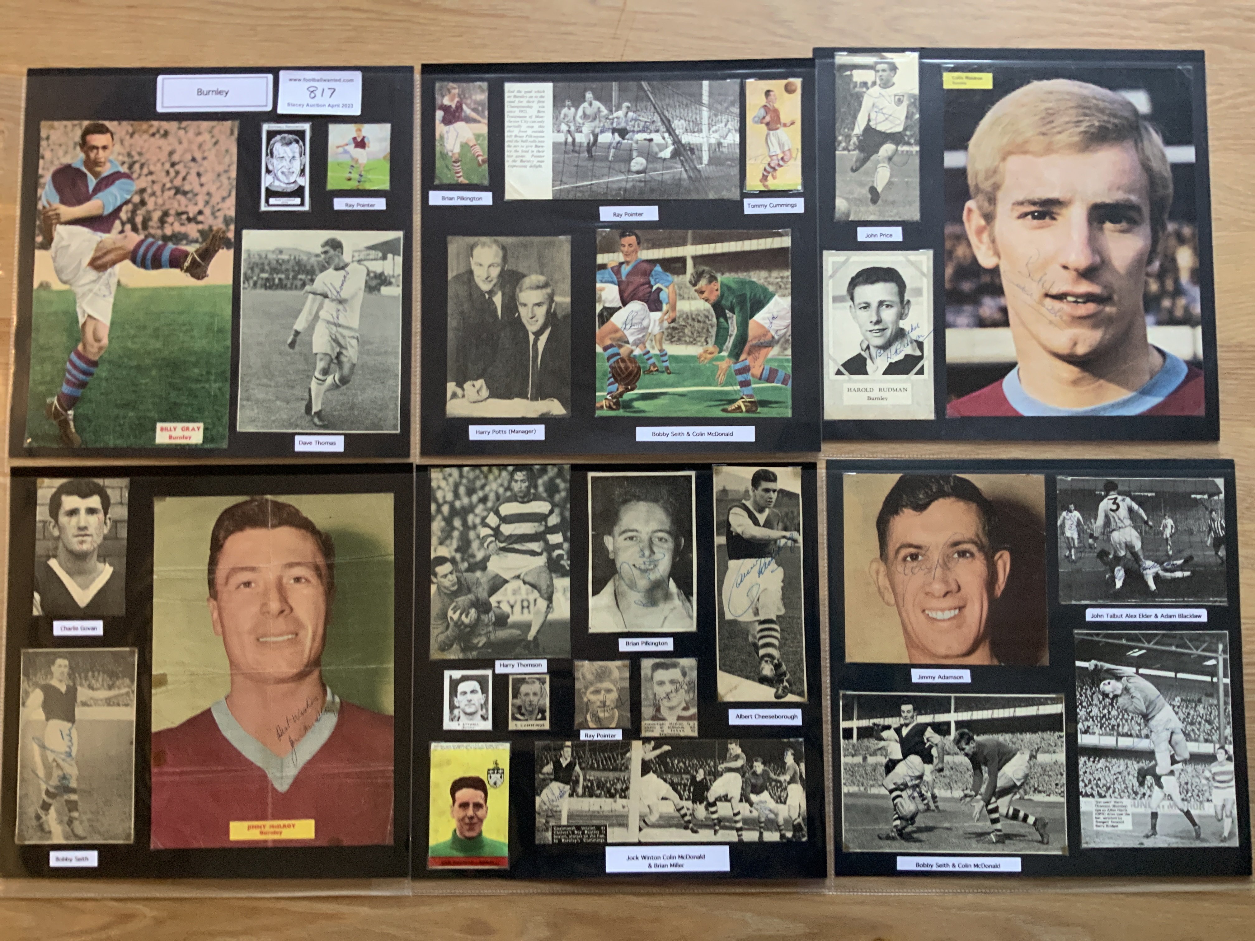 Burnley 1940s 1950s 1960s Football Autograph Collection: Stunning private collection all pre 1970 from various publications. All signatures are identified and laid down with photo corners on 12 x 12 inch card and easily removable. 44 pages to include 3 fully signed team groups, 20 signed trade cards, 3 signed autograph pages, 4 signed original press photos and 160 various sized pictures to include 26 A4. 78 different player signatures including John Connelly, Jack Hays, Harry Potts, Harold Rudman, Bill Holden, Willie Morgan, Andy Lochhead, Jimmy Adamson, Colin McDonald, Frank Casper, Jock Aird, Steve Kindon, Adam Blacklaw etc. (290+)