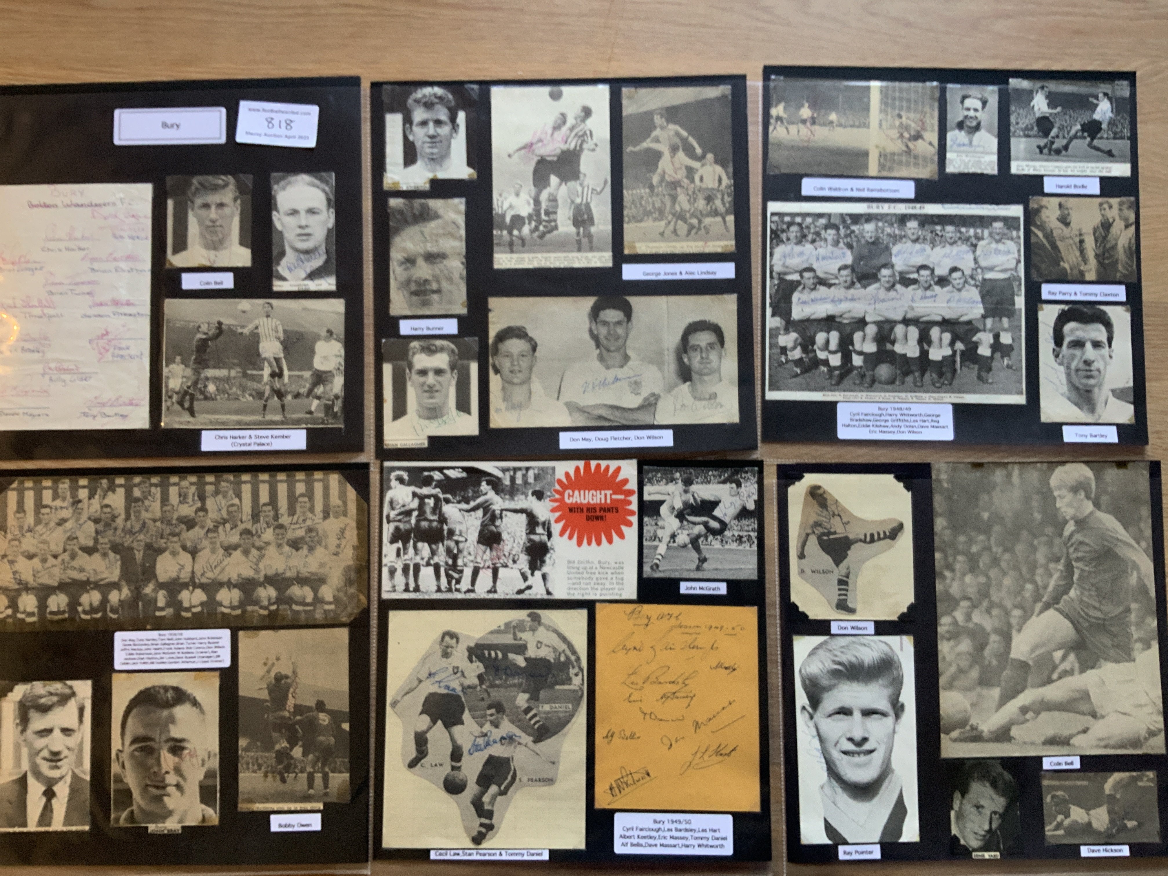 Bury 1940s 1950s 1960s Football Autograph Collection: Stunning private collection all pre 1970 from various publications. All signatures are identified and laid down with photo corners on 12 x 12 inch card and easily removable. 23 pages to include 3 fully signed team pictures one of which has 29 autographs, 7 signed autograph pages and 117 various sized pictures to include 6 A4. 116 different player signatures including Les Hart, Colin Bell, Bob Stokoe, Alec Lindsay, Cyril Fairclough, Reg Halton, Bert Head, Eddie Quigley, Bobby Collins, Derek Mayers, Warren Bradley, Greg Farrell, George Jones, Ian Towers etc. (270+)