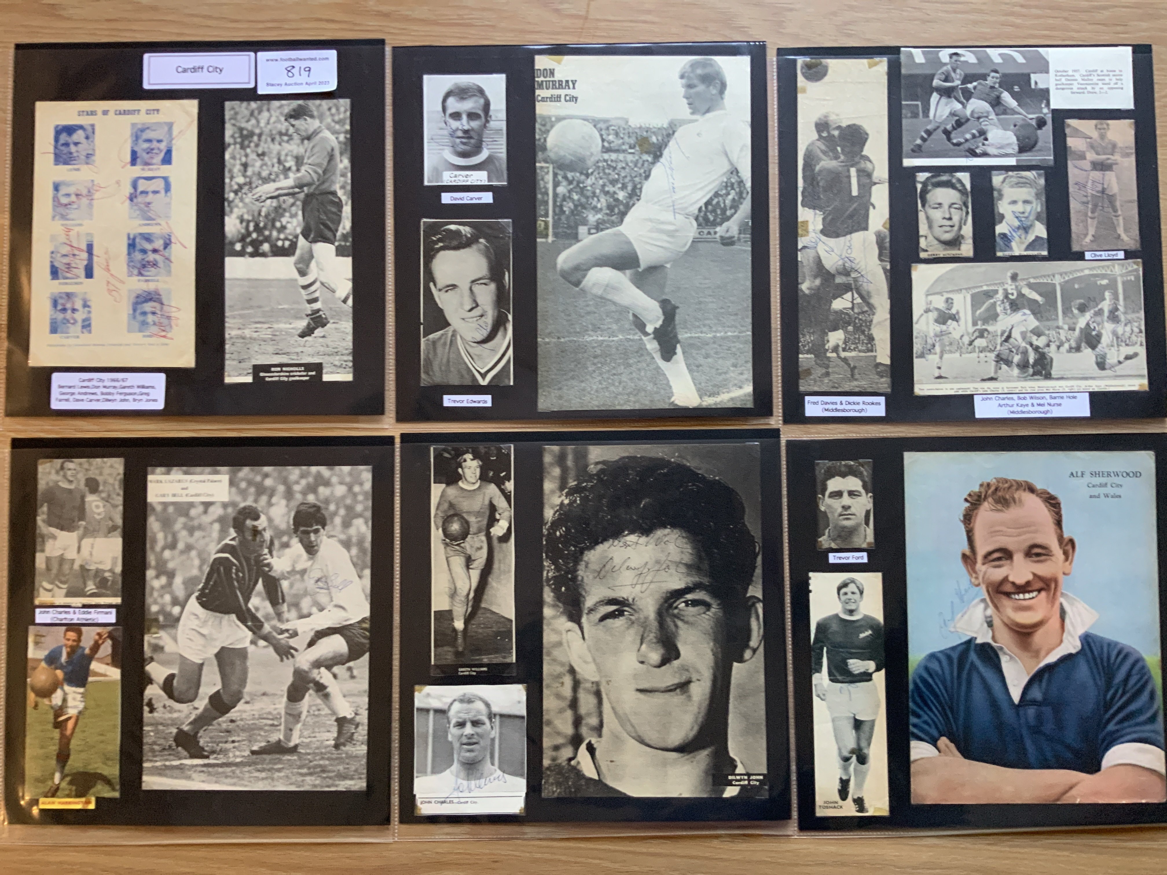 Cardiff City 1940s 1950s 1960s Football Autograph Collection: Stunning private collection all pre 1970 from various publications. All signatures are identified and laid down with photo corners on 12 x 12 inch card and easily removable. 38 pages to include 2 fully signed team groups, 2 signed autograph pages, 4 signed original press photos and 167 various sized pictures to include 23 A4. 108 different player signatures including John Charles, Trevor Ford, John Toshack, Gerry Hitchens, Stan Montgomery, Brian Harris, Graham Moore, Danny Malloy, Ken Chisholm, Steve Gammon, Don Murray, Alan Durban, Peter King etc. (250+)
