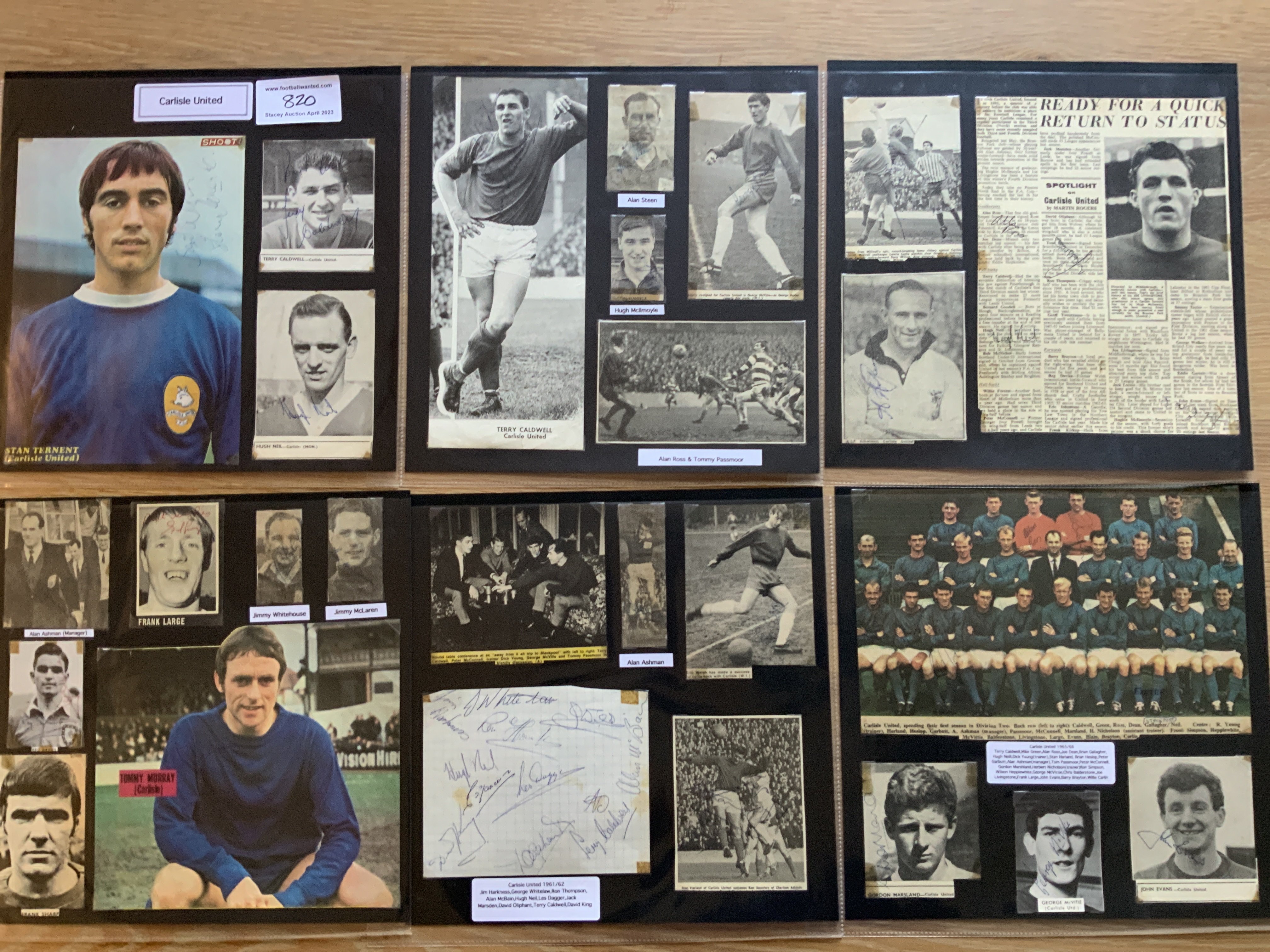 Carlisle United 1940s 1950s 1960s Football Autograph Collection: Stunning private collection all pre 1970 from various publications. All signatures are identified and laid down with photo corners on 12 x 12 inch card and easily removable. 21 pages to include 4 fully signed team pictures one of which has 25 autographs, 5 signed autograph pages and 84 various sized pictures to include 9 A4. 94 different player signatures including Alan Ashman, Ivor Broadis, Bobby Owen, Alan Ross, Reg Davies, Les Dagger, Bob Hatton, Alf Ackerman, Hugh McIlmoyle, Stan Ternent, George McVitie, Willie Carlin, Chris Balderstone etc. (220+)