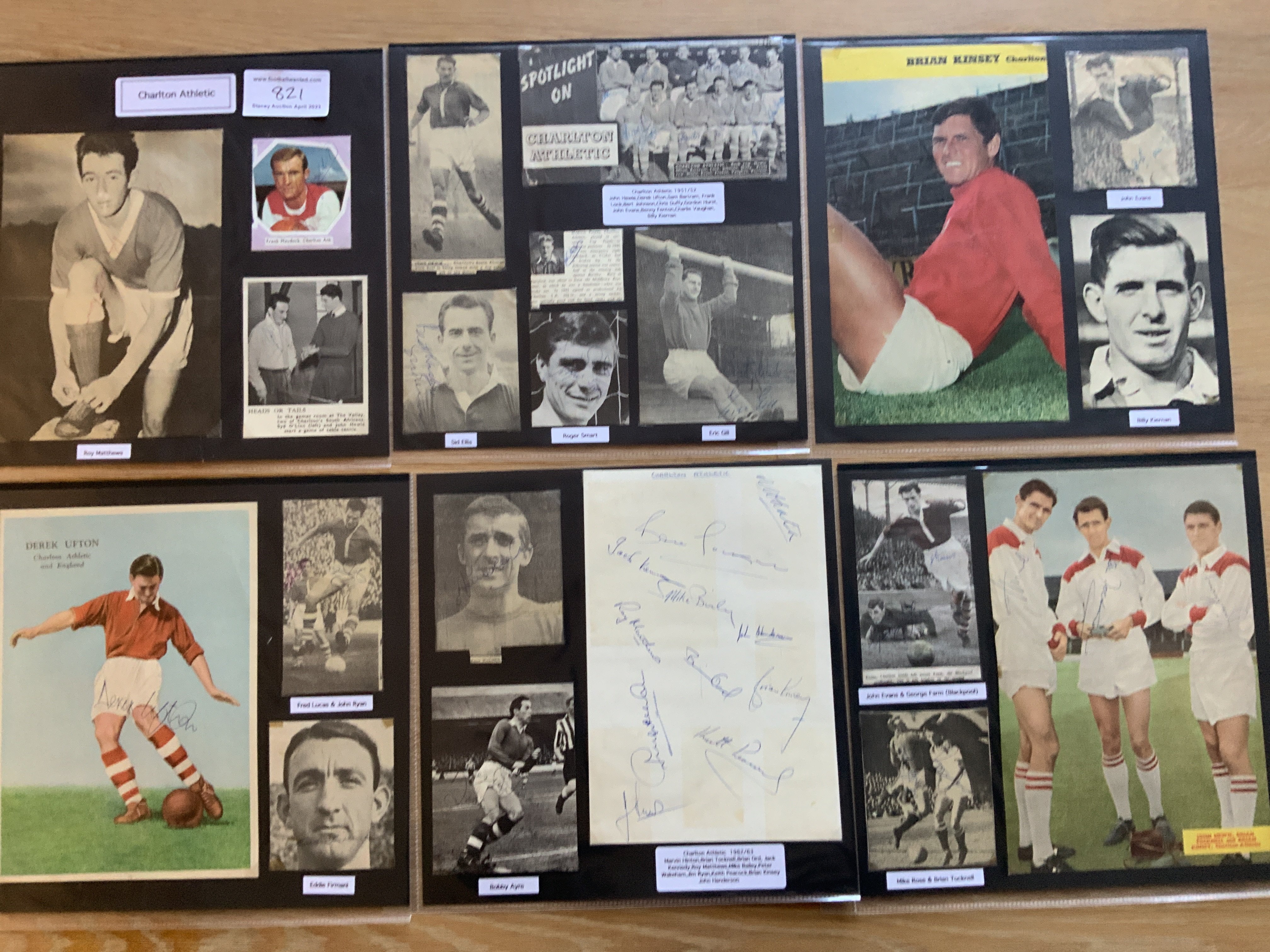 Charlton Athletic 1940s 1950s 1960s Football Autograph Collection: Stunning private collection all pre 1970 from various publications. All signatures are identified and laid down with photo corners on 12 x 12 inch card and easily removable. 39 pages to include 2 fully signed team groups, 4 signed autograph pages, 4 signed original press photos and 164 various sized pictures to include 18 A4. 120 different player signatures including Johnny Summers, Stuart Leary, Charlie Vaughan, Jimmy Seed, Don Townsend, Billy Bonds, Len Glover, Don Welsh, Syd O'Linn, Frank Lock, Marvin Hinton, Mike Bailey, Eddie Firmani, Benny Fenton etc. (280+)