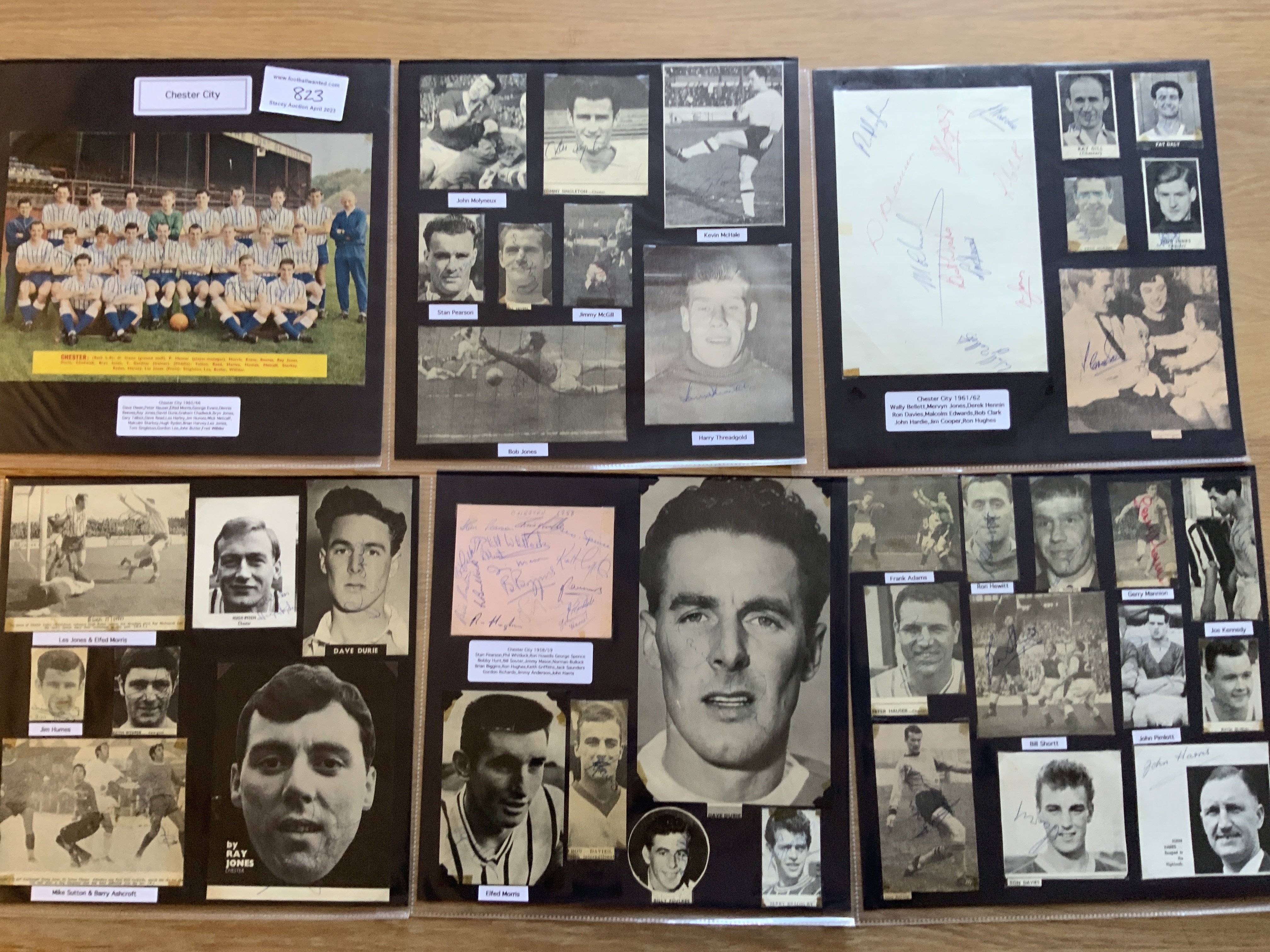 Chester 1940s 1950s 1960s Football Autograph Collection: Stunning private collection all pre 1970 from various publications. All signatures are identified and laid down with photo corners on 12 x 12 inch card and easily removable. 15 pages to include 1 fully signed team group, 5 signed autograph pages and 78 various sized pictures to include 4 A4. 92 different player signatures including Peter Hauser, Stan Pearson, Ian Moir, Harry Threadgold, Gary Talbot, Ron Davies, Ray Gill, Cliff Sear, Elfed Morris, Mick Metcalf, Derek Hennin, Norman Bullock, Fred Morris, Don Weston, Dave Durie etc. (160+)