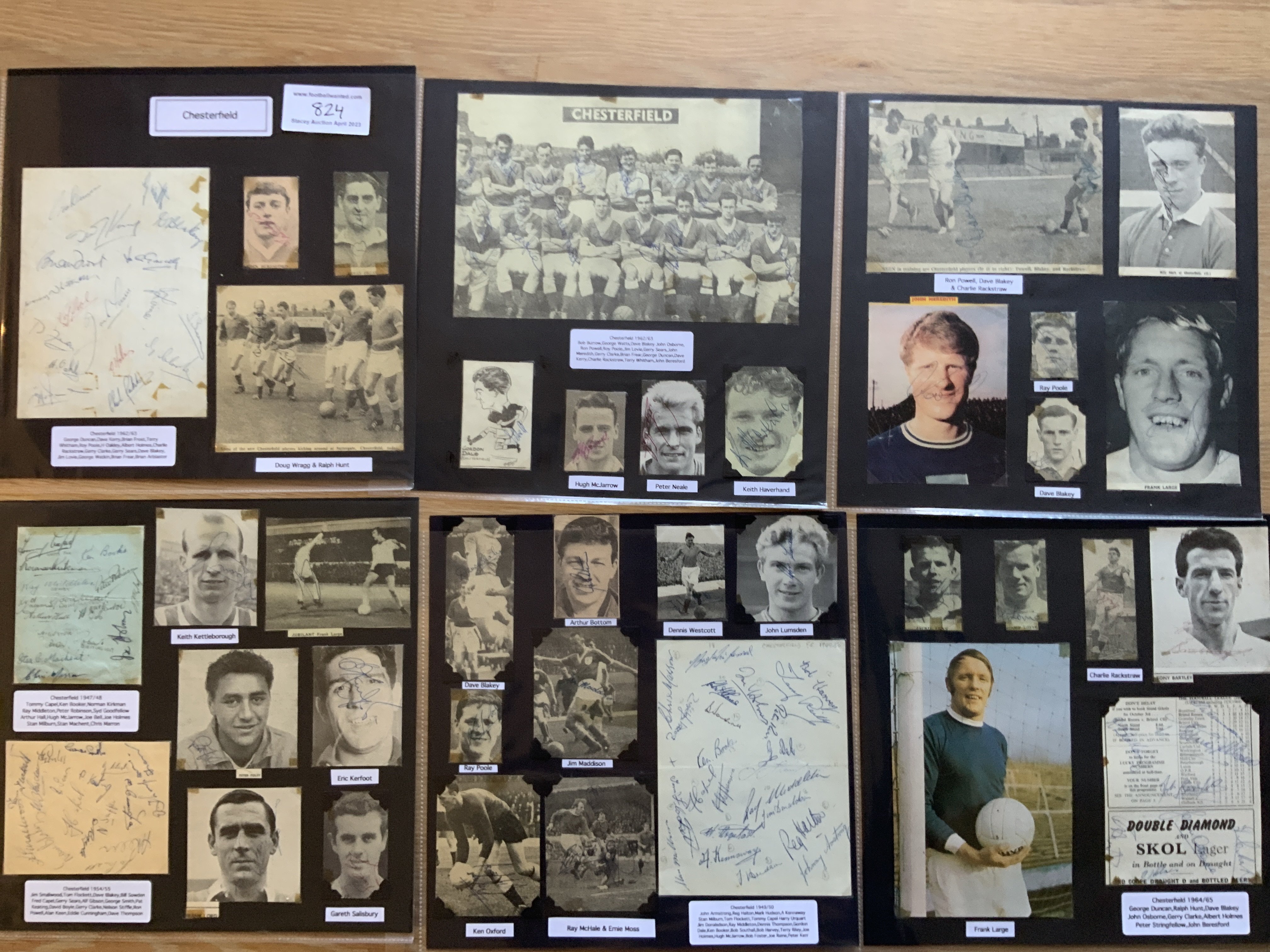 Chesterfield 1940s 1950s 1960s Football Autograph Collection: Stunning private collection all pre 1970 from various publications. All signatures are identified and laid down with photo corners on 12 x 12 inch card and easily removable. 15 pages to include 2 fully signed team groups, 8 signed trade cards, 7 signed autograph pages and 70 various sized pictures to include 4 A4. 120 different player signatures including Alan Stevenson, Gordon Banks, John Osborne, Tommy Capel, Ron Powell, Ernie Moss, Eric Moore, Bill Curry, George Duncan, Dave Blakey, Billy Stark, Kevin Randall, Neil Warnock, John Archer etc. (220+)