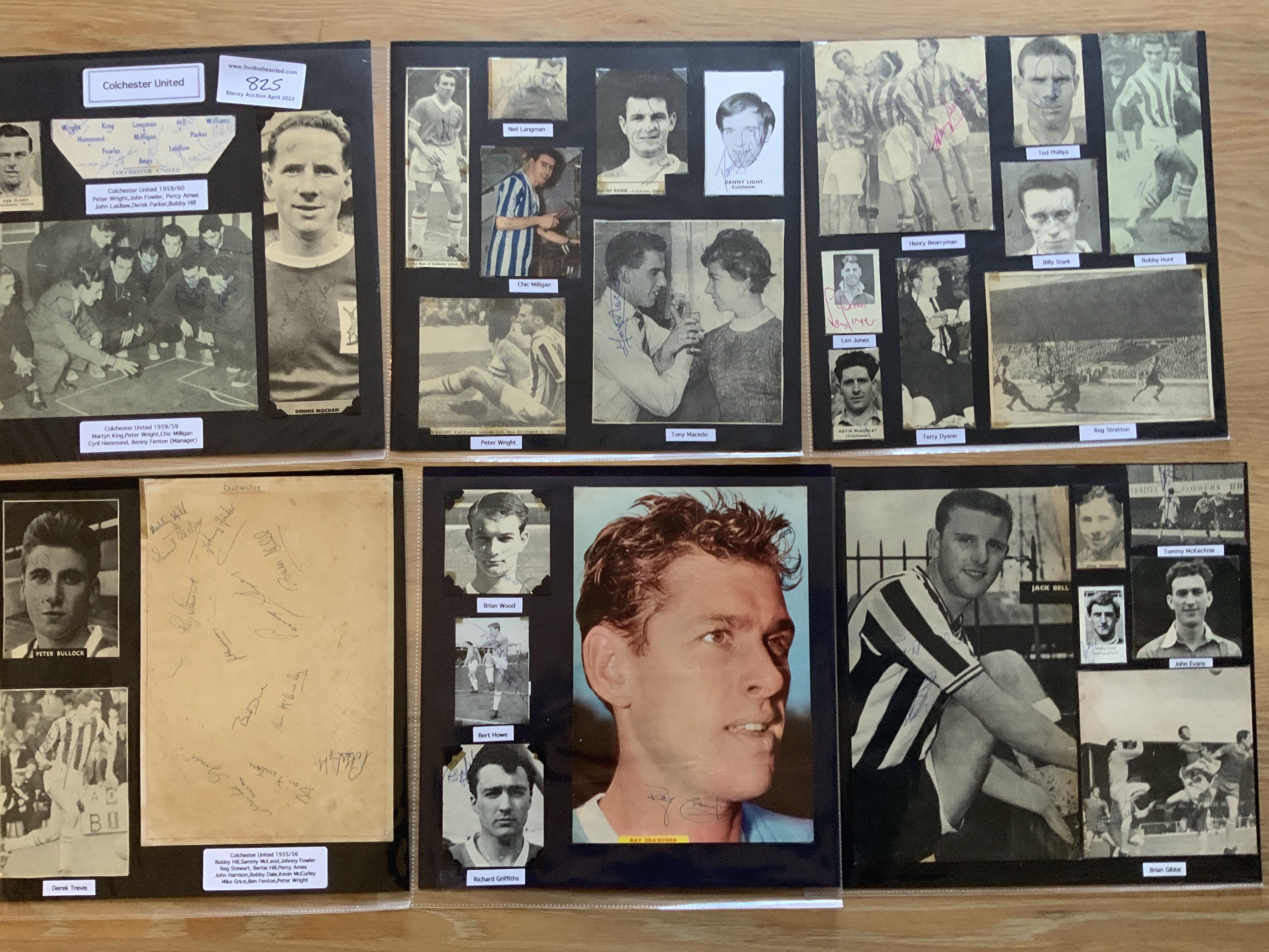 Colchester United 1940s 1950s 1960s Football Autograph Collection: Stunning private collection all pre 1970 from various publications. All signatures are identified and laid down with photo corners on 12 x 12 inch card and easily removable. 14 pages to include 2 fully signed team groups, 5 signed autograph pages and 68 various sized pictures to include 3 A4. 86 different player signatures including Ray Crawford, Duncan Forbes, John Kurila, Cyril Hammond, Vic Keeble, Terry Dyson, Bobby Hunt, Percy Ames, Chic Milligan, Danny Light, Mike Grice, Owen Simpson, Sid McClellan, Micky Cook etc. (160+)