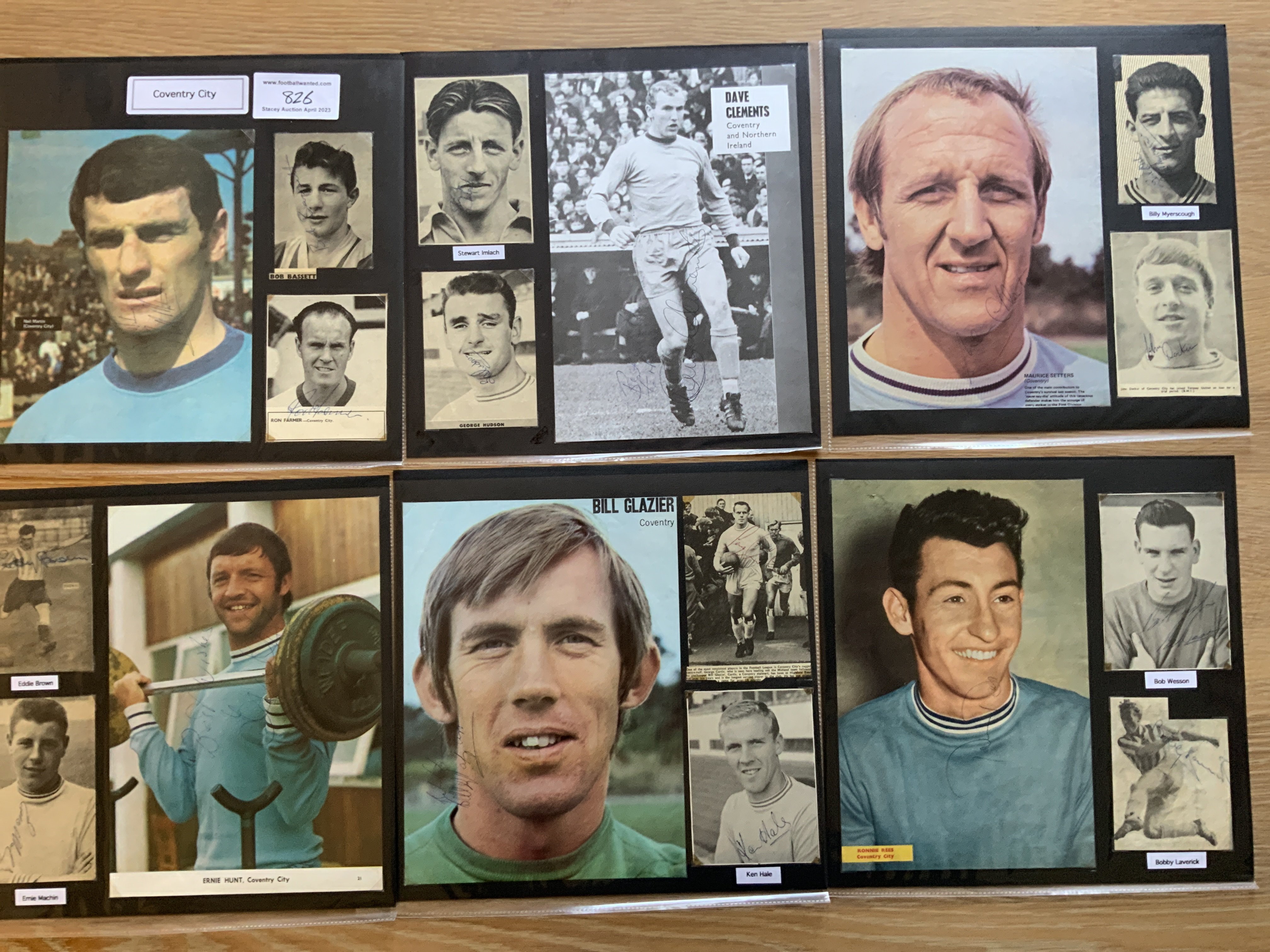 Coventry City 1940s 1950s 1960s Football Autograph Collection: Stunning private collection all pre 1970 from various publications. All signatures are identified and laid down with photo corners on 12 x 12 inch card and easily removable. 33 pages to include 2 fully signed team groups, 3 signed autograph pages and 143 various sized pictures to include 18 A4. 103 different player signatures including Dennis Mortimer, Ernie Hunt, Ronnie Rees, George Mason, Ray Pointer, George Hudson, John Tudor, Ian Gibson, George Curtis, Arthur Lightening, Steve Mokone, John Sillett, Dietmar Bruck, Willie Carr etc. (220+)
