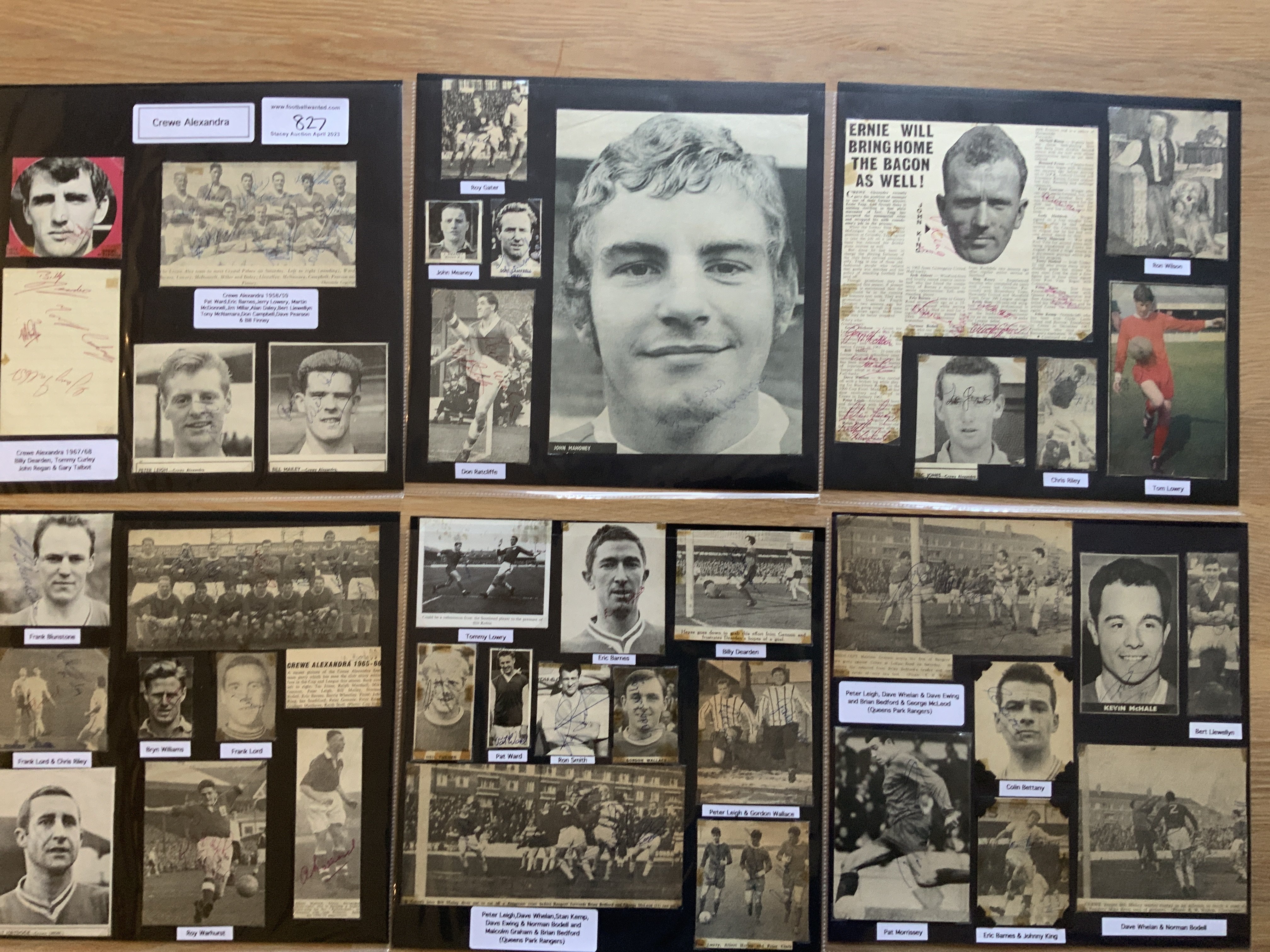 Crewe Alexandra 1940s 1950s 1960s Football Autograph Collection: Stunning private collection all pre 1970 from various publications. All signatures are identified and laid down with photo corners on 12 x 12 inch card and easily removable. 14 pages to include 2 fully signed team groups, 3 signed autograph pages and 82 various sized pictures to include 3 A4. 90 different player signatures including Frank Blunstone, Peter Leigh, John Mahoney, Johnny King, Dave Whelan, Dave Ewing, Roy Warhurst, Frank Lord, Gordon Willmott, Albert Mullard, Billy Deardon, Pat Morrissey, Steve Arnold etc. (210+)